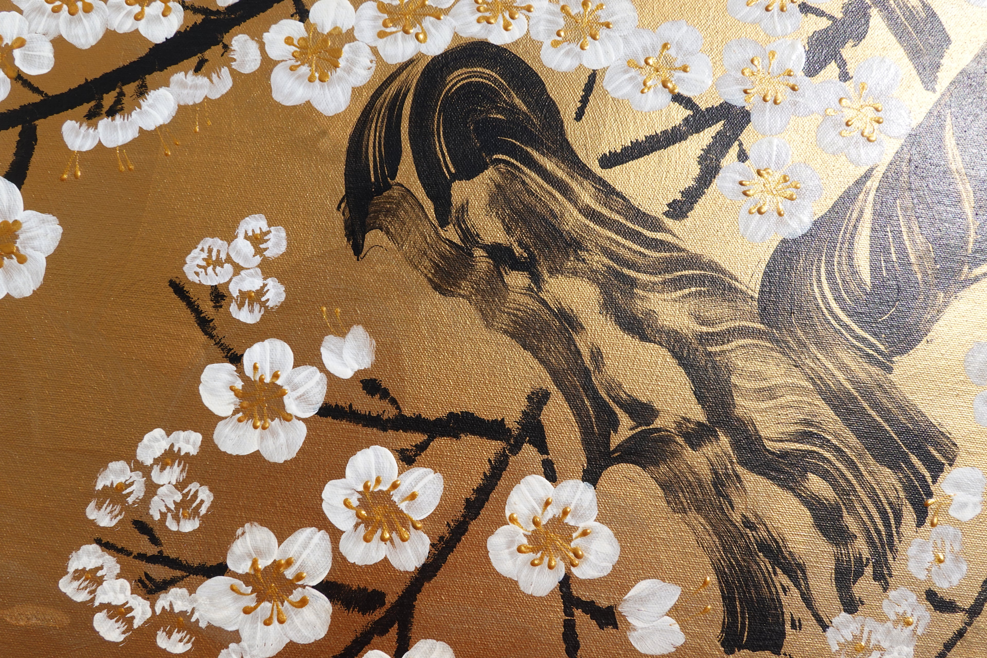 White Sakura J494 — gold Japanese Painting | Large Acrylic on Canvas | Ksavera