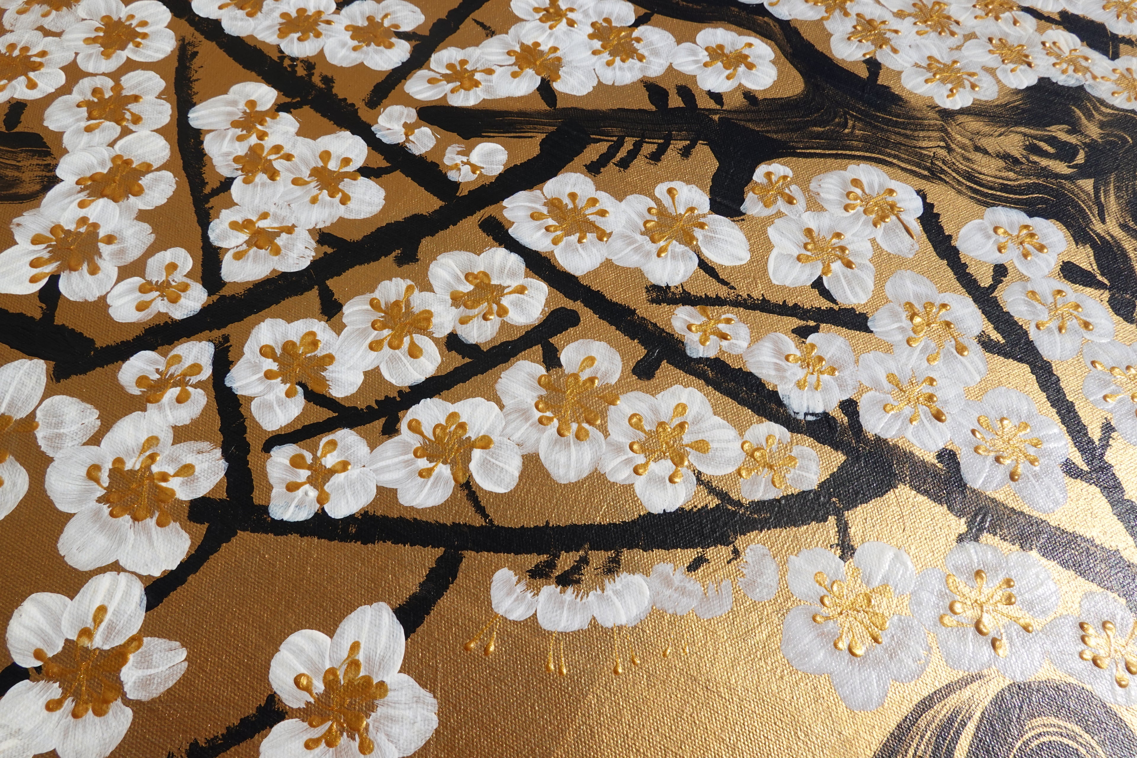 White Sakura J494 — gold Japanese Painting | Large Acrylic on Canvas | Ksavera