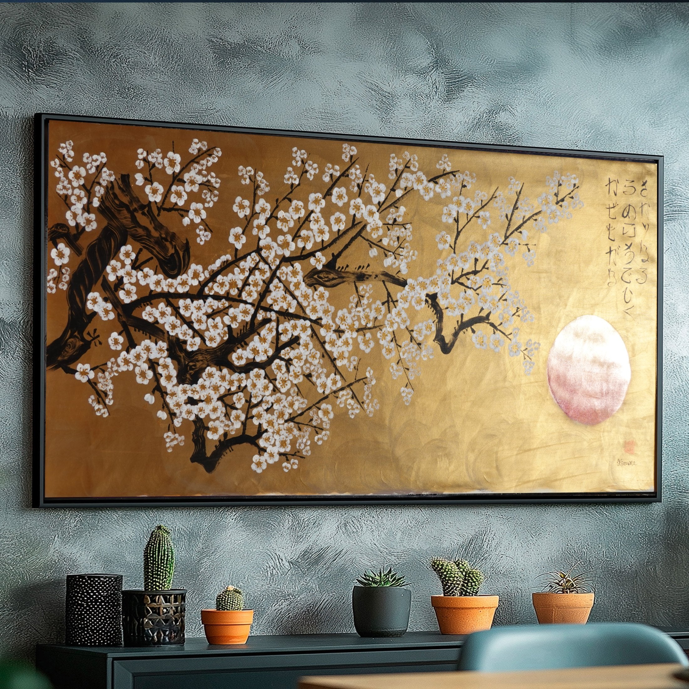White Sakura J494 — gold Japanese Painting | Large Acrylic on Canvas | Ksavera