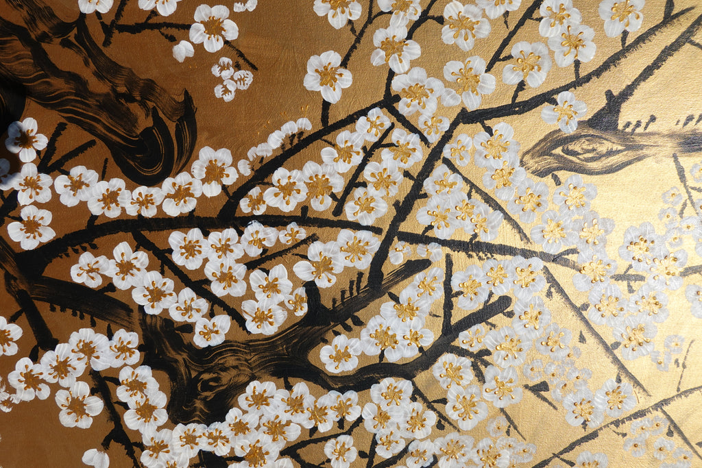 White Sakura J494 — gold Japanese Painting | Large Acrylic on Canvas | Ksavera