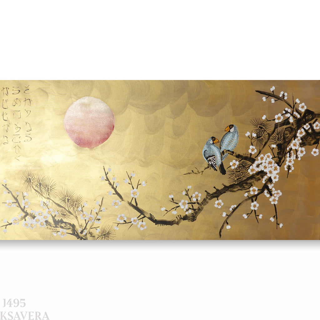 A painting depicting a cherry blossom tree with two birds perched on its branches, set against a golden background with a large, glowing moon.