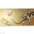 A painting depicting a cherry blossom tree with two birds perched on its branches, set against a golden background with a large, glowing moon.