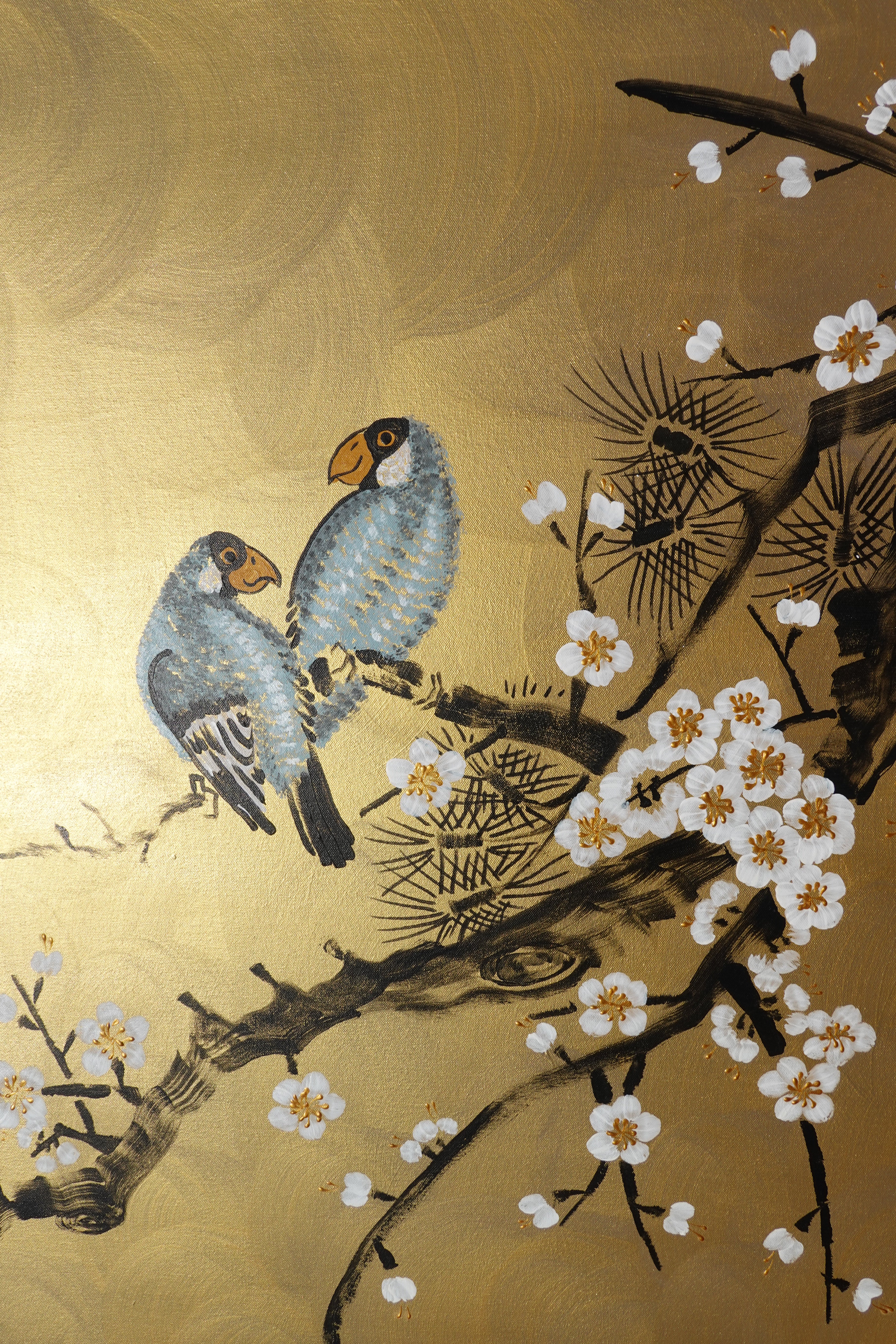 Love Birds and Sakura J495 — gold Japanese Painting | Large Acrylic on Canvas | Ksavera