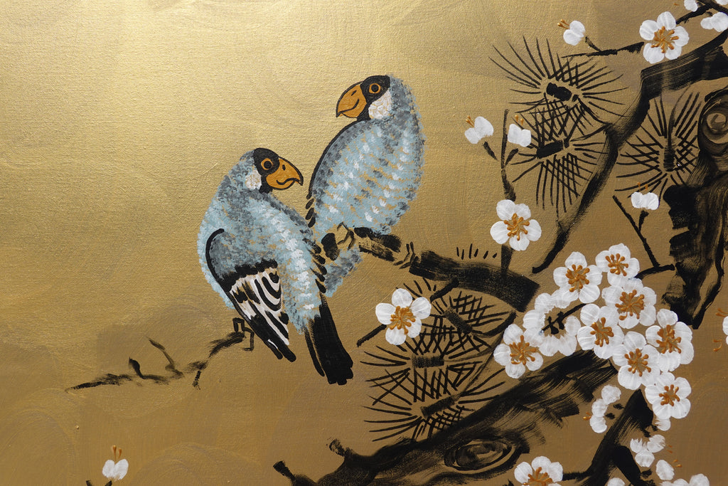 Love Birds and Sakura J495 — gold Japanese Painting | Large Acrylic on Canvas | Ksavera