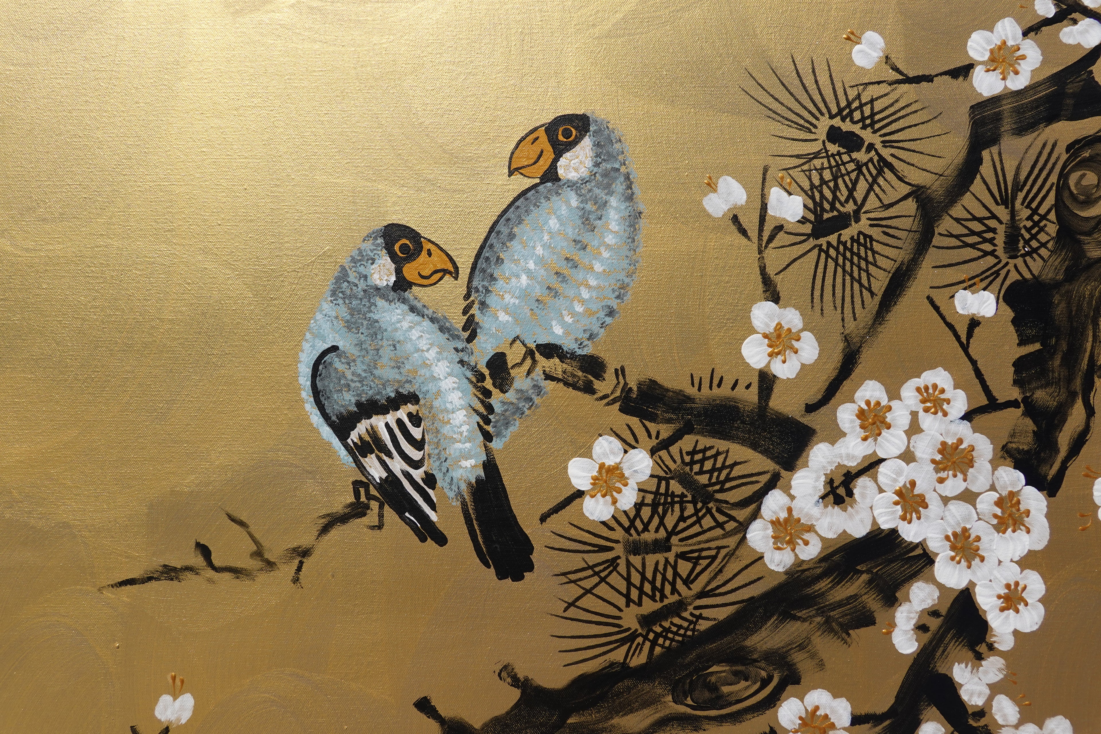 Love Birds and Sakura J495 — gold Japanese Painting | Large Acrylic on Canvas | Ksavera
