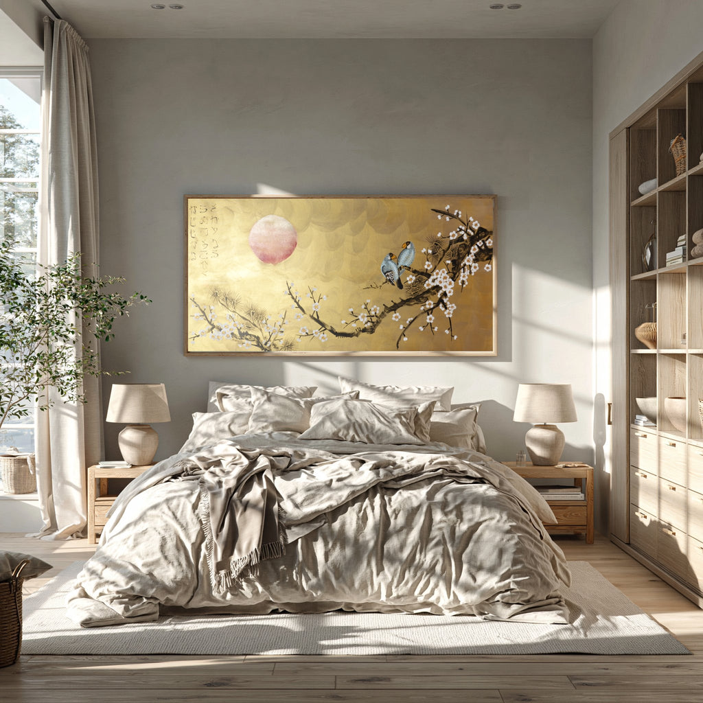 Love Birds and Sakura J495 — gold Japanese Painting | Large Acrylic on Canvas | Ksavera
