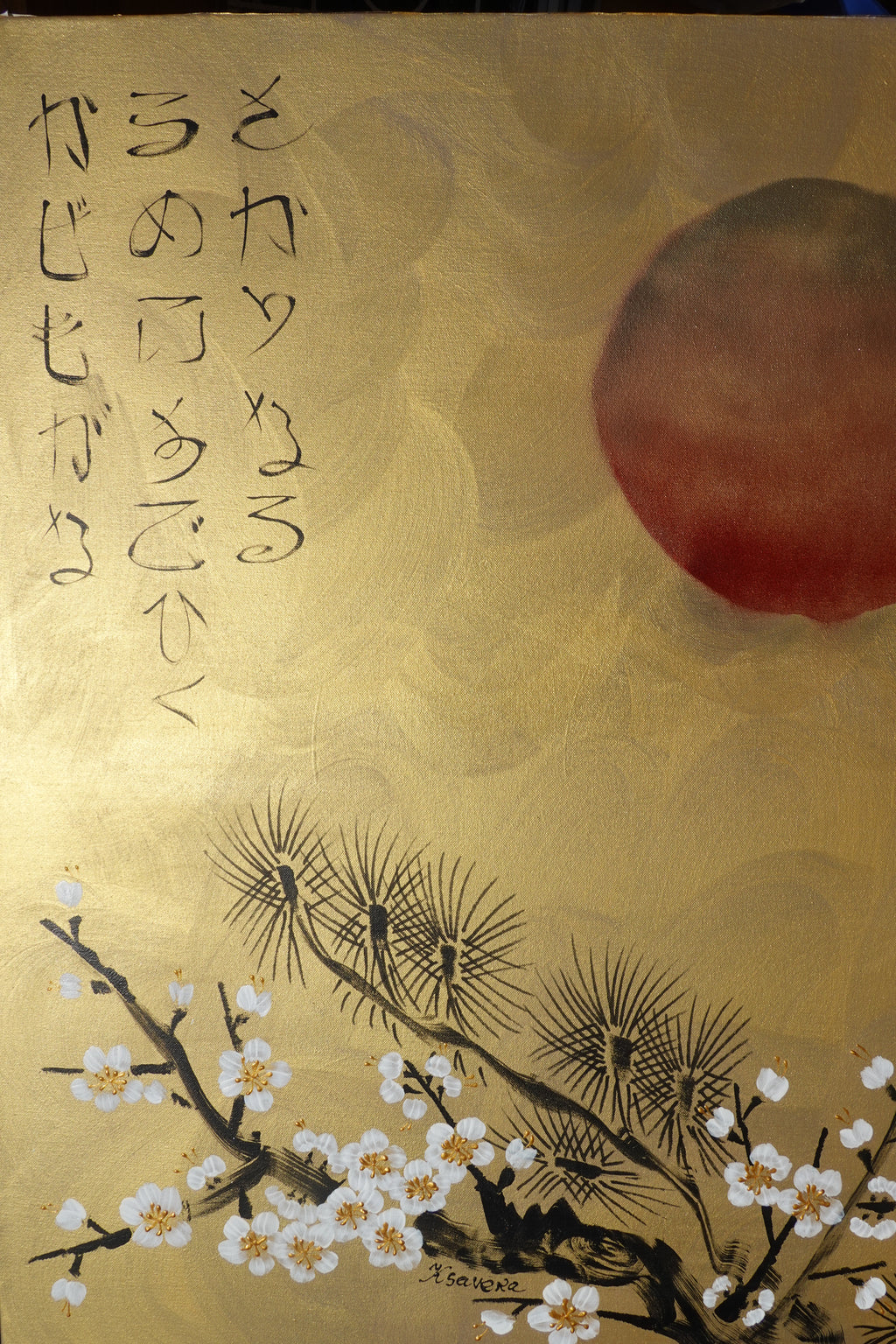 Love Birds and Sakura J495 — gold Japanese Painting | Large Acrylic on Canvas | Ksavera