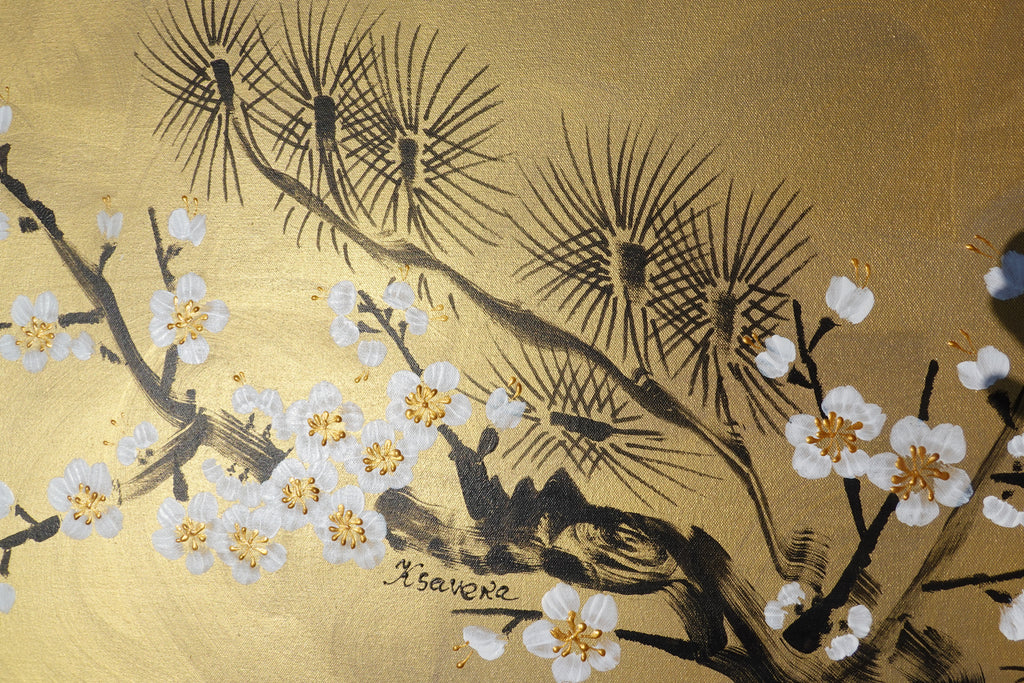Love Birds and Sakura J495 — gold Japanese Painting | Large Acrylic on Canvas | Ksavera