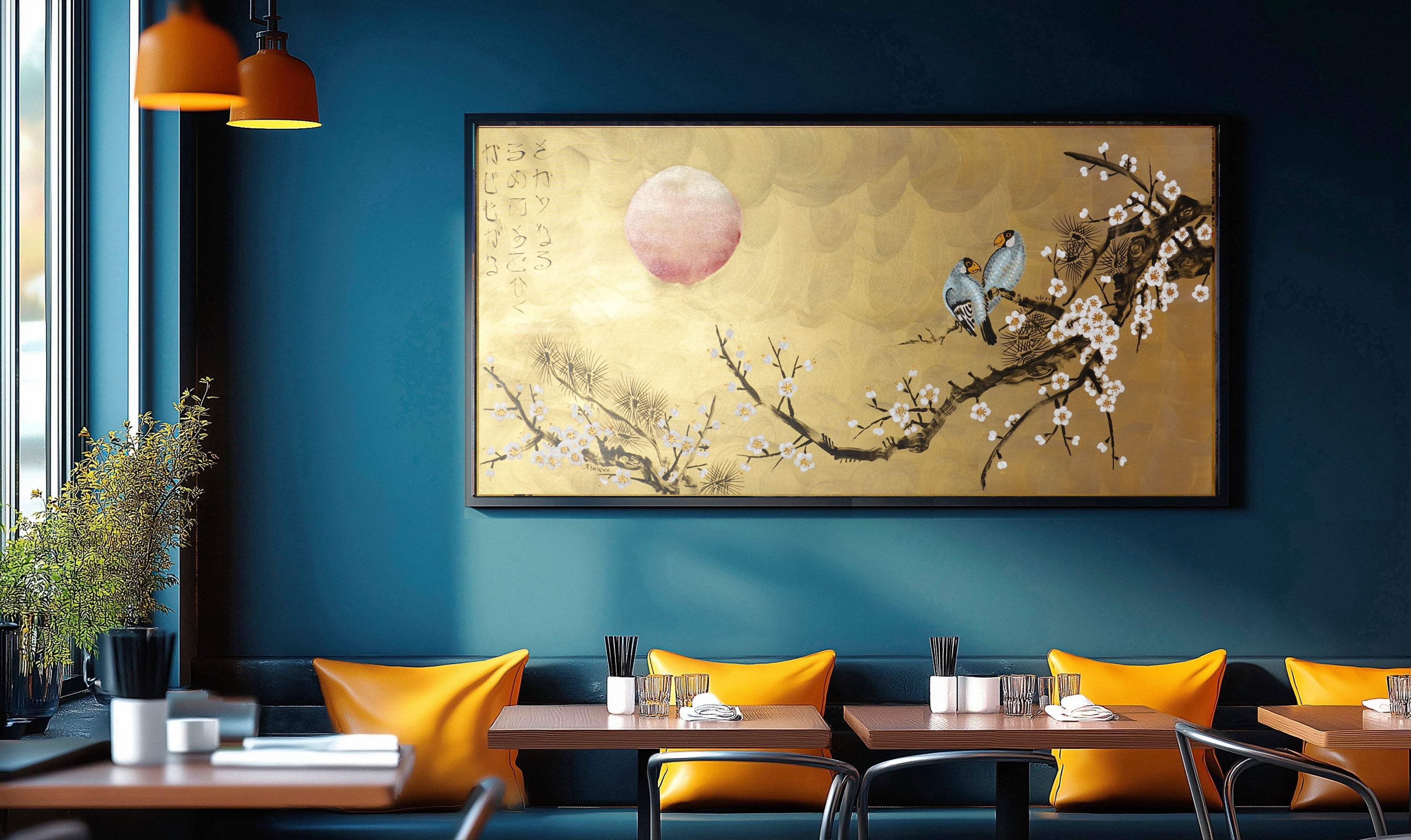 Love Birds and Sakura J495 — gold Japanese Painting | Large Acrylic on Canvas | Ksavera