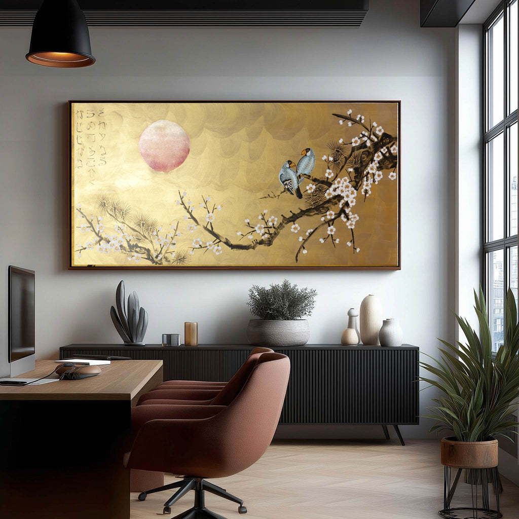 Love Birds and Sakura J495 — gold Japanese Painting | Large Acrylic on Canvas | Ksavera