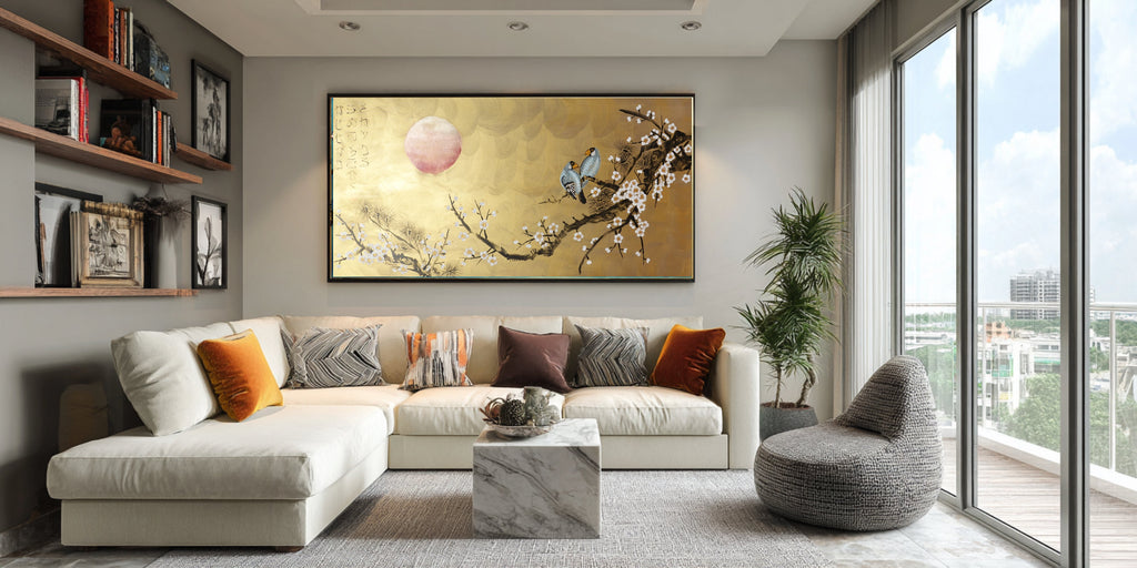 Love Birds and Sakura J495 — gold Japanese Painting | Large Acrylic on Canvas | Ksavera