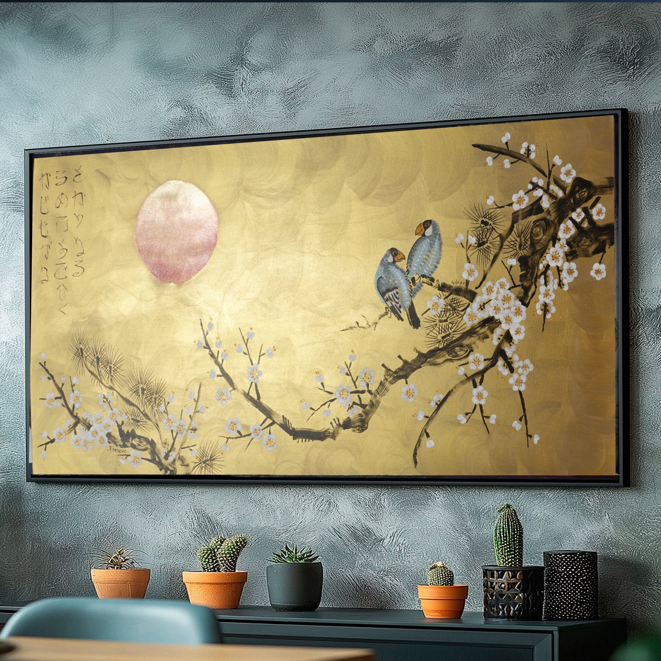 Love Birds and Sakura J495 — gold Japanese Painting | Large Acrylic on Canvas | Ksavera