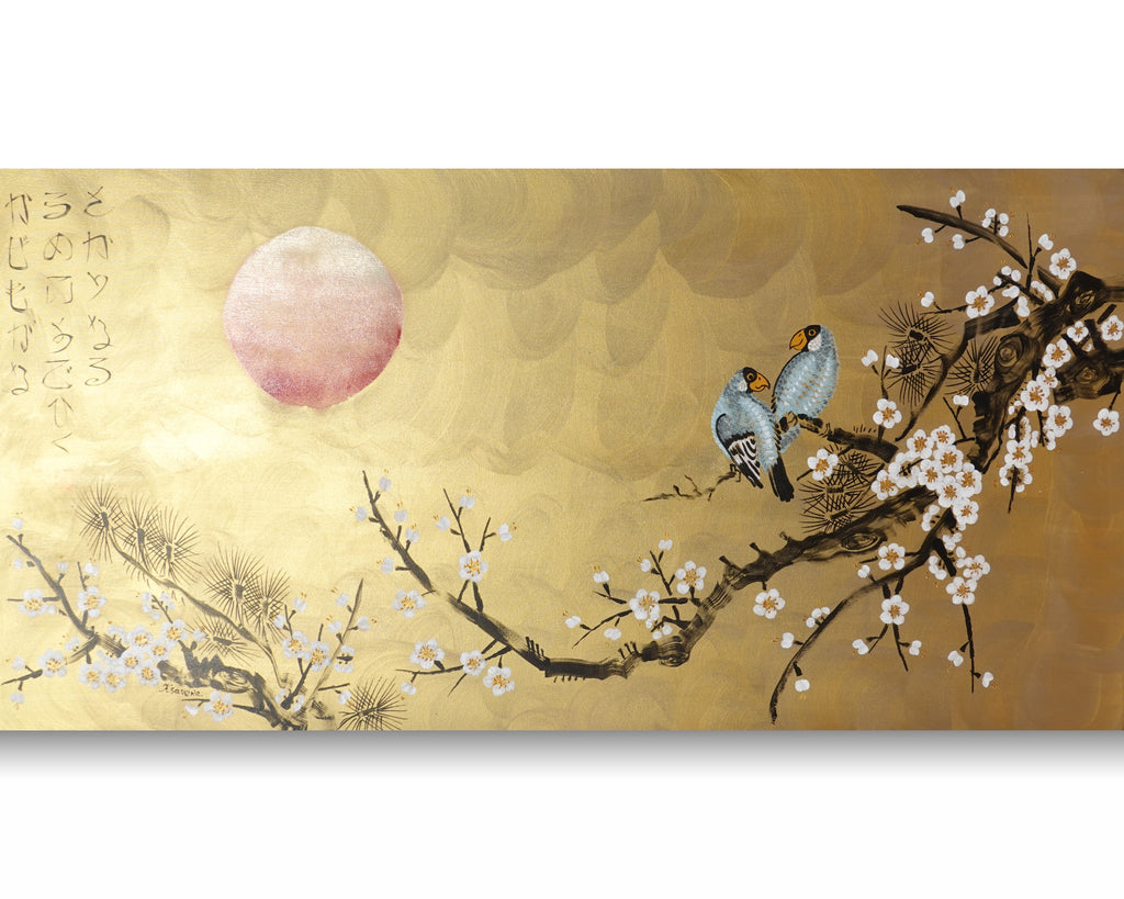 Love Birds and Sakura J495 — gold Japanese Painting | Large Acrylic on Canvas | Ksavera