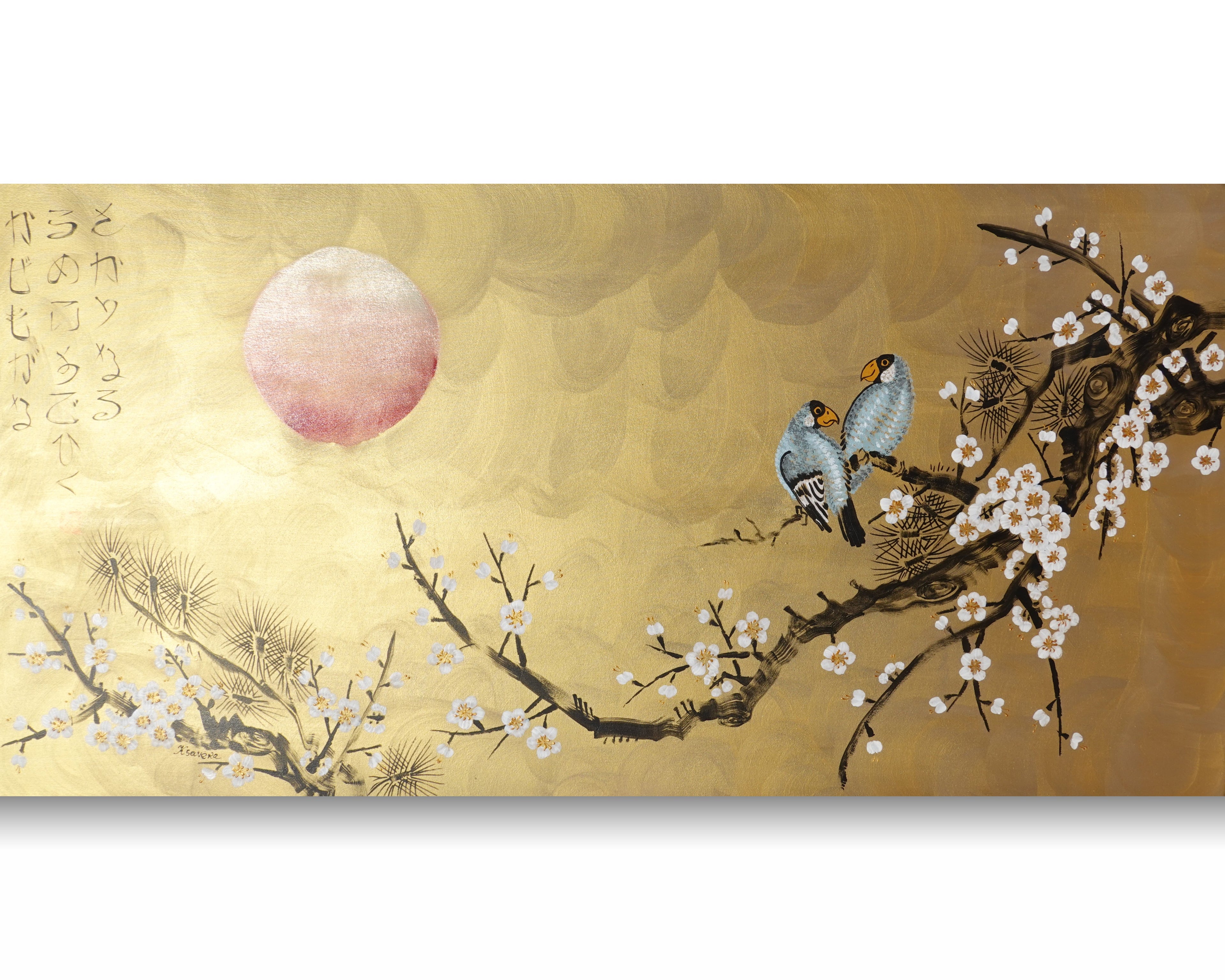 Love Birds and Sakura J495 — gold Japanese Painting | Large Acrylic on Canvas | Ksavera