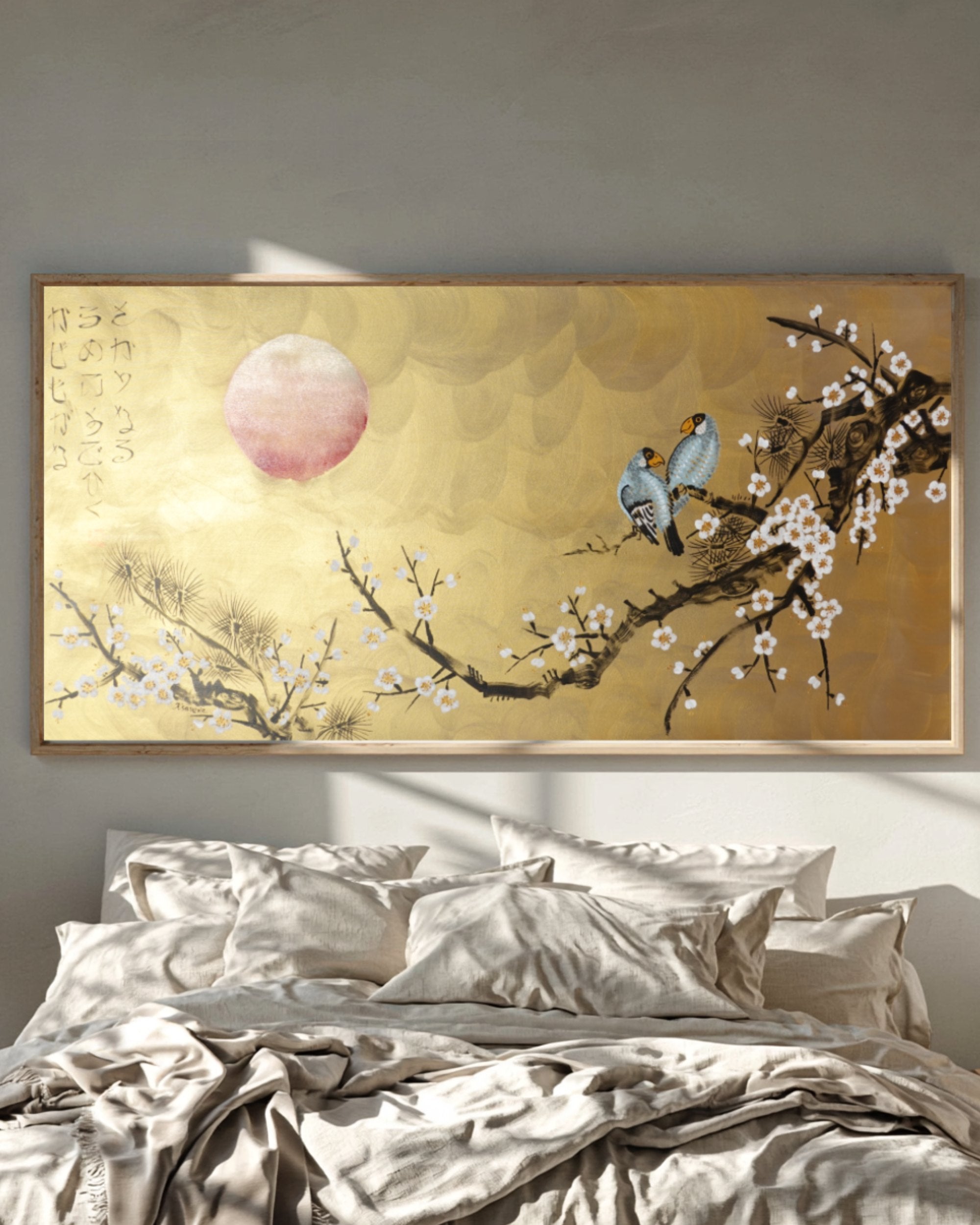 Love Birds and Sakura J495 — gold Japanese Painting | Large Acrylic on Canvas | Ksavera