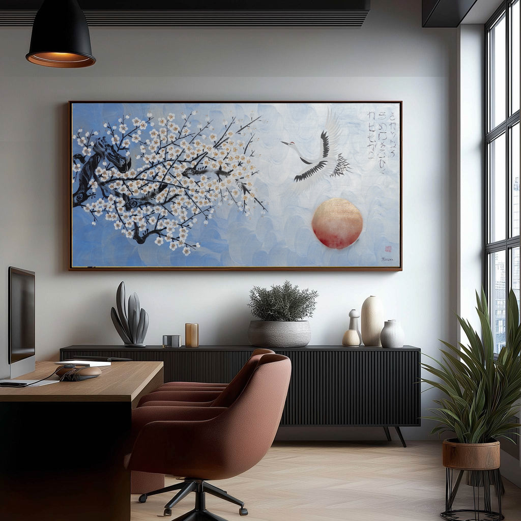 Crane and sakura J496 — pearl blue Japanese Painting | Large Acrylic on Canvas | Ksavera