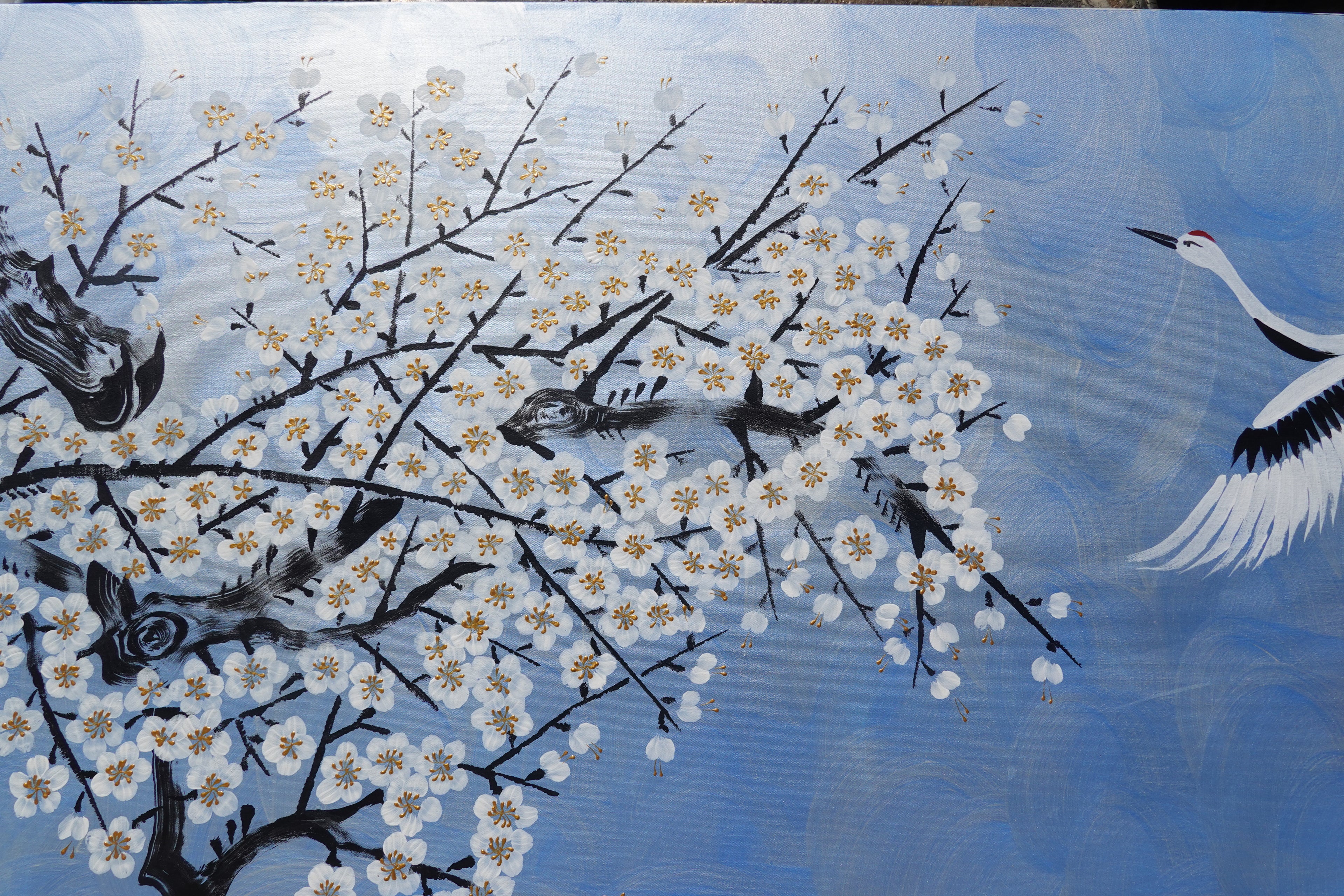 Crane and sakura J496 — pearl blue Japanese Painting | Large Acrylic on Canvas | Ksavera