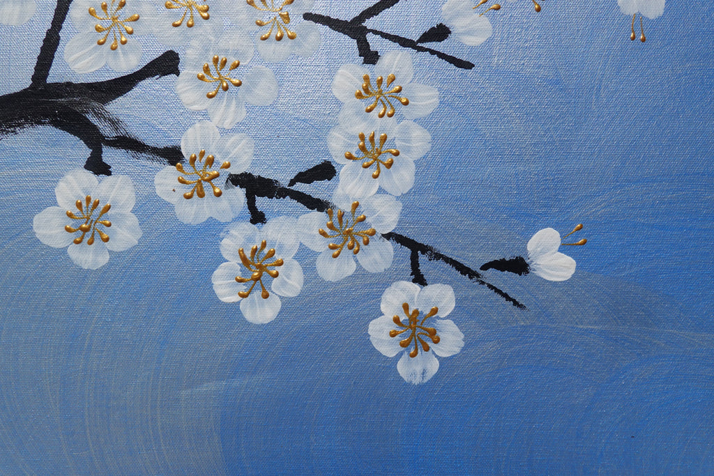 Crane and sakura J496 — pearl blue Japanese Painting | Large Acrylic on Canvas | Ksavera