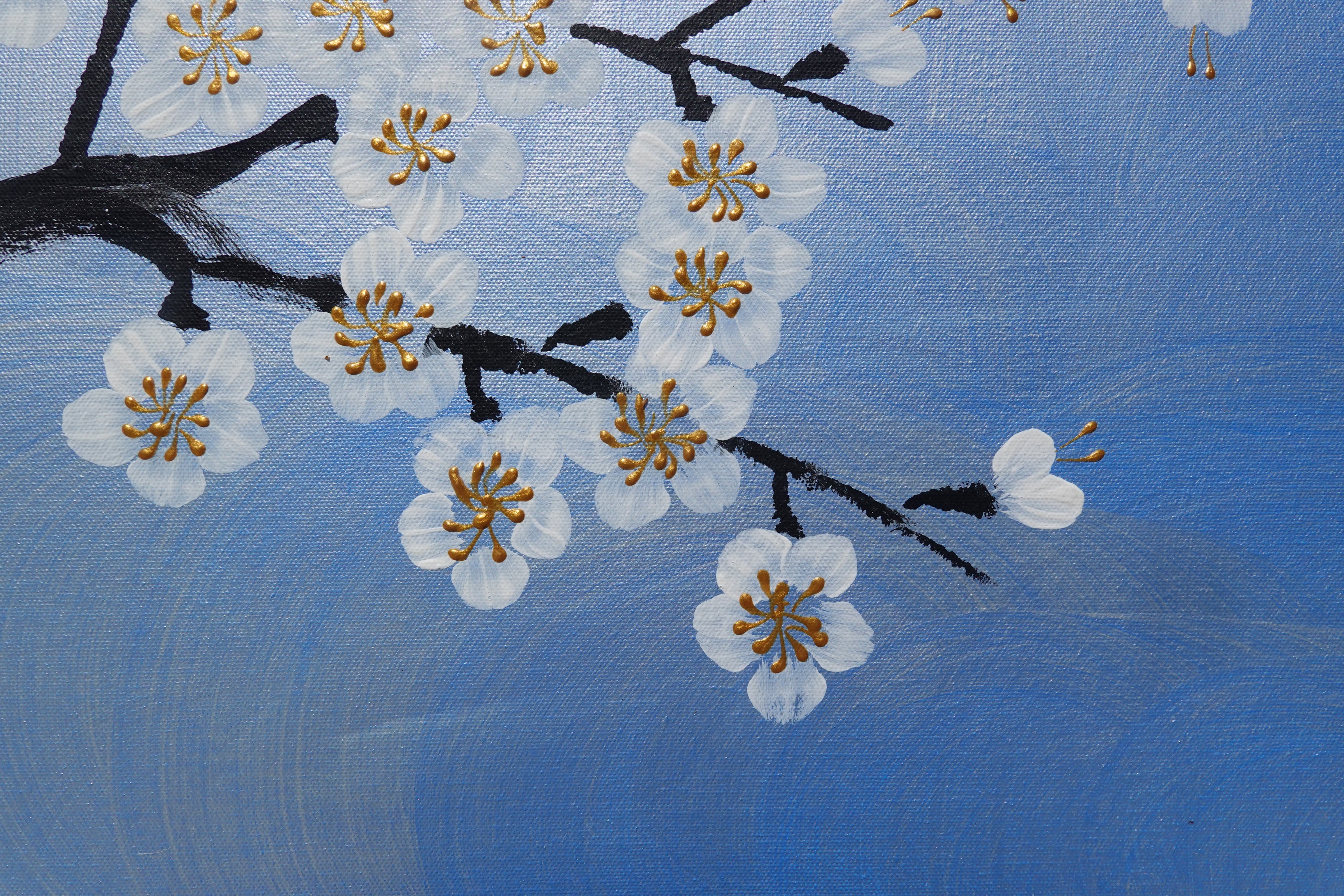 Crane and sakura J496 — pearl blue Japanese Painting | Large Acrylic on Canvas | Ksavera