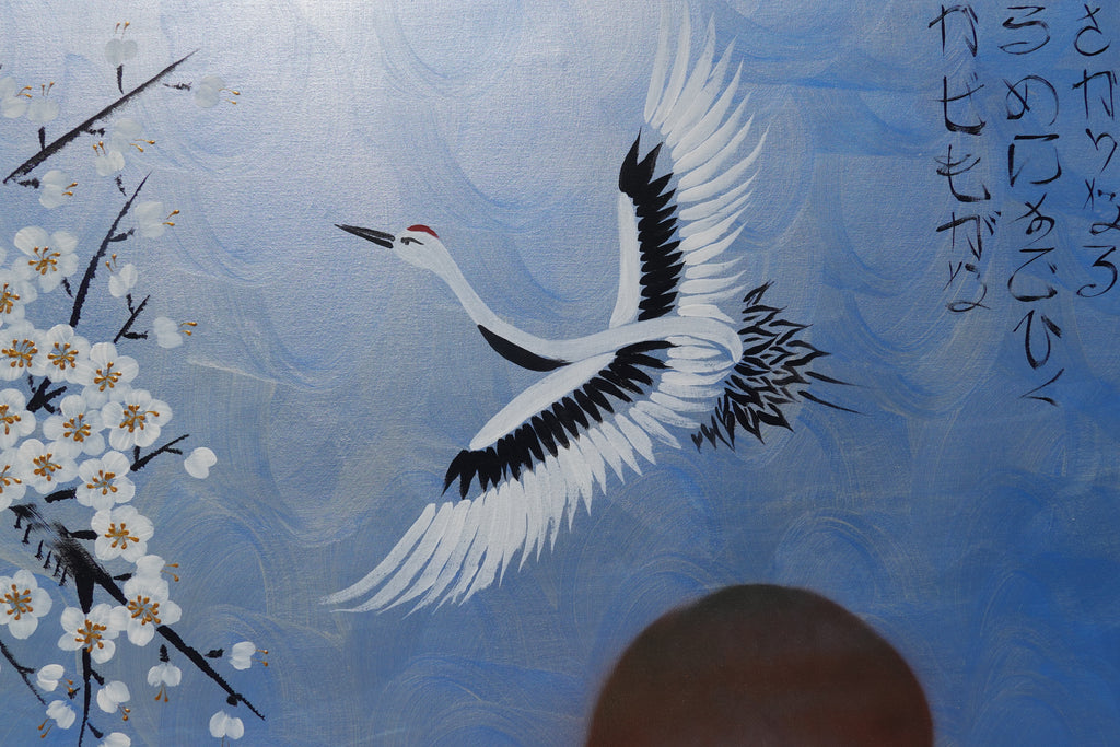 Crane and sakura J496 — pearl blue Japanese Painting | Large Acrylic on Canvas | Ksavera