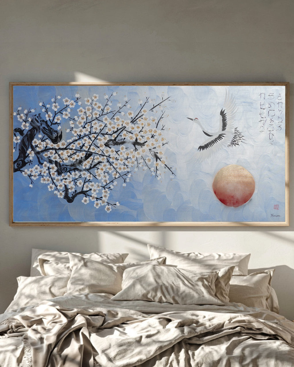 Crane and sakura J496 — pearl blue Japanese Painting | Large Acrylic on Canvas | Ksavera