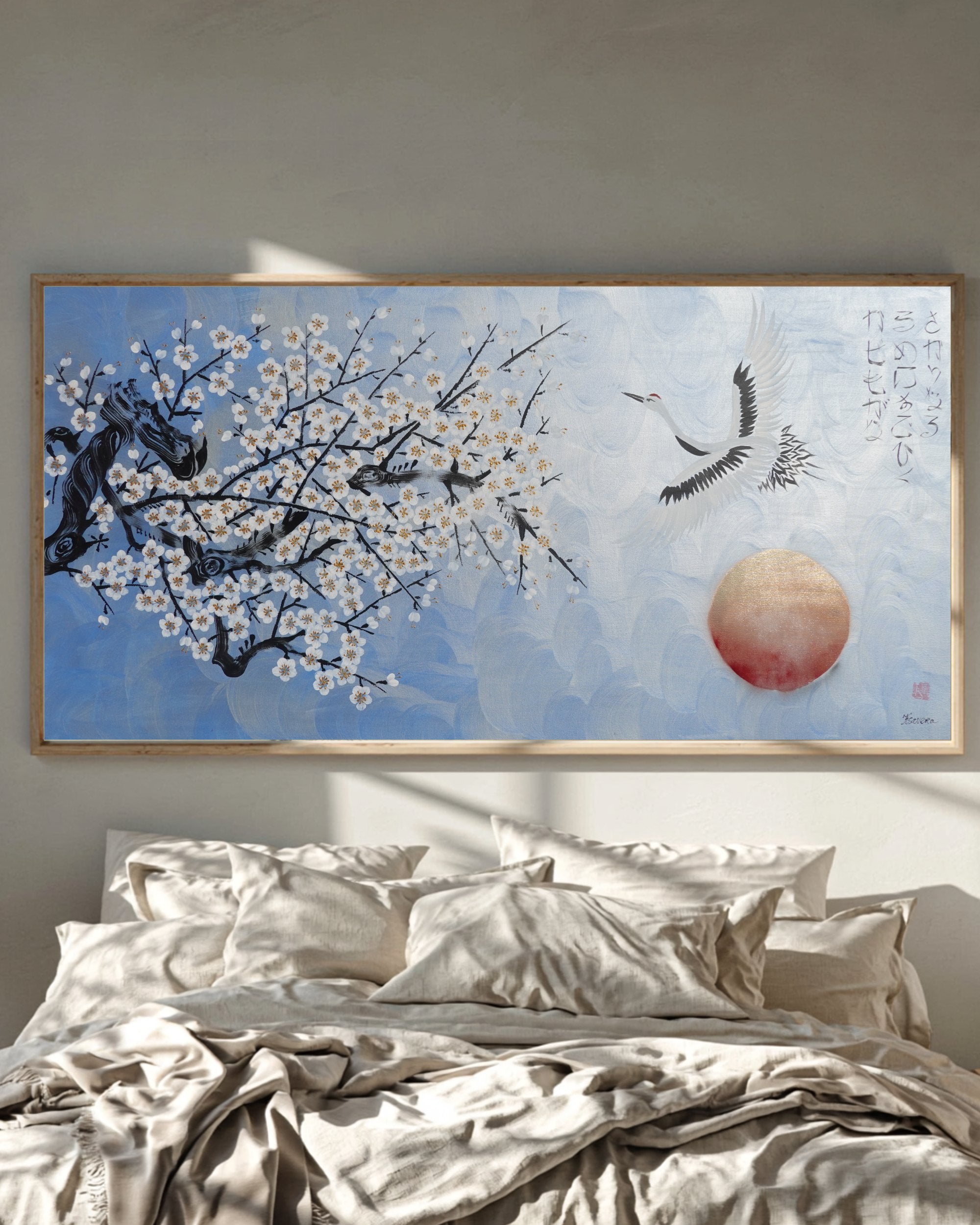 Crane and sakura J496 — pearl blue Japanese Painting | Large Acrylic on Canvas | Ksavera