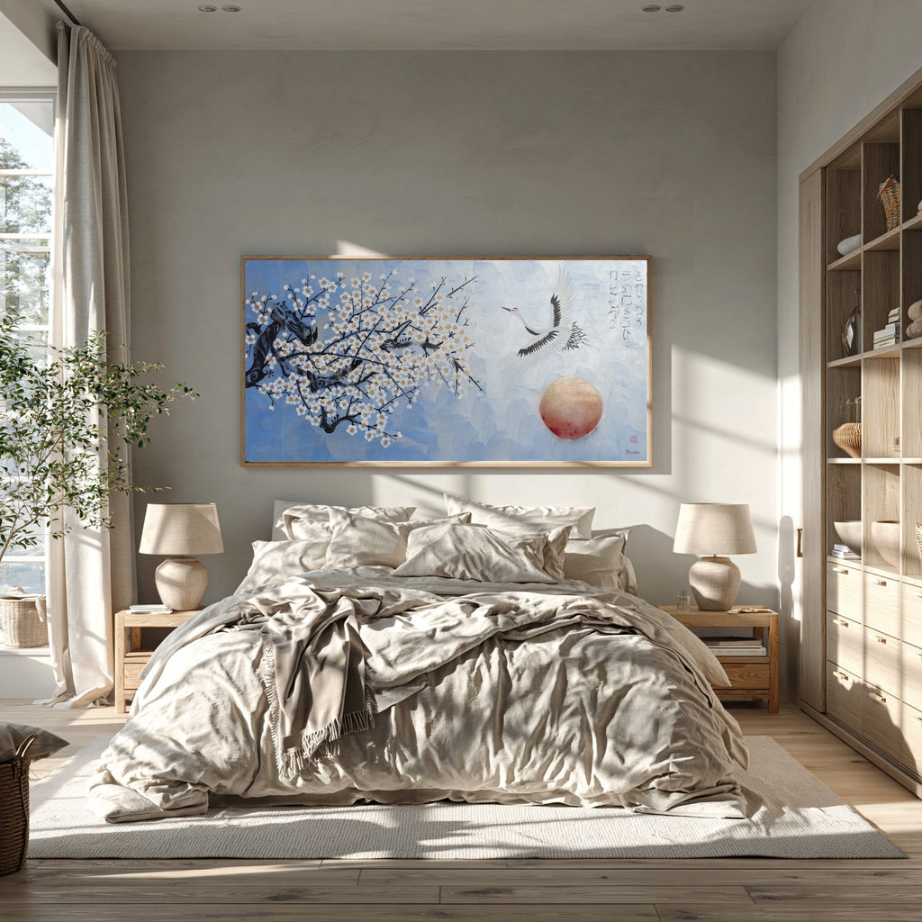 Crane and sakura J496 — pearl blue Japanese Painting | Large Acrylic on Canvas | Ksavera