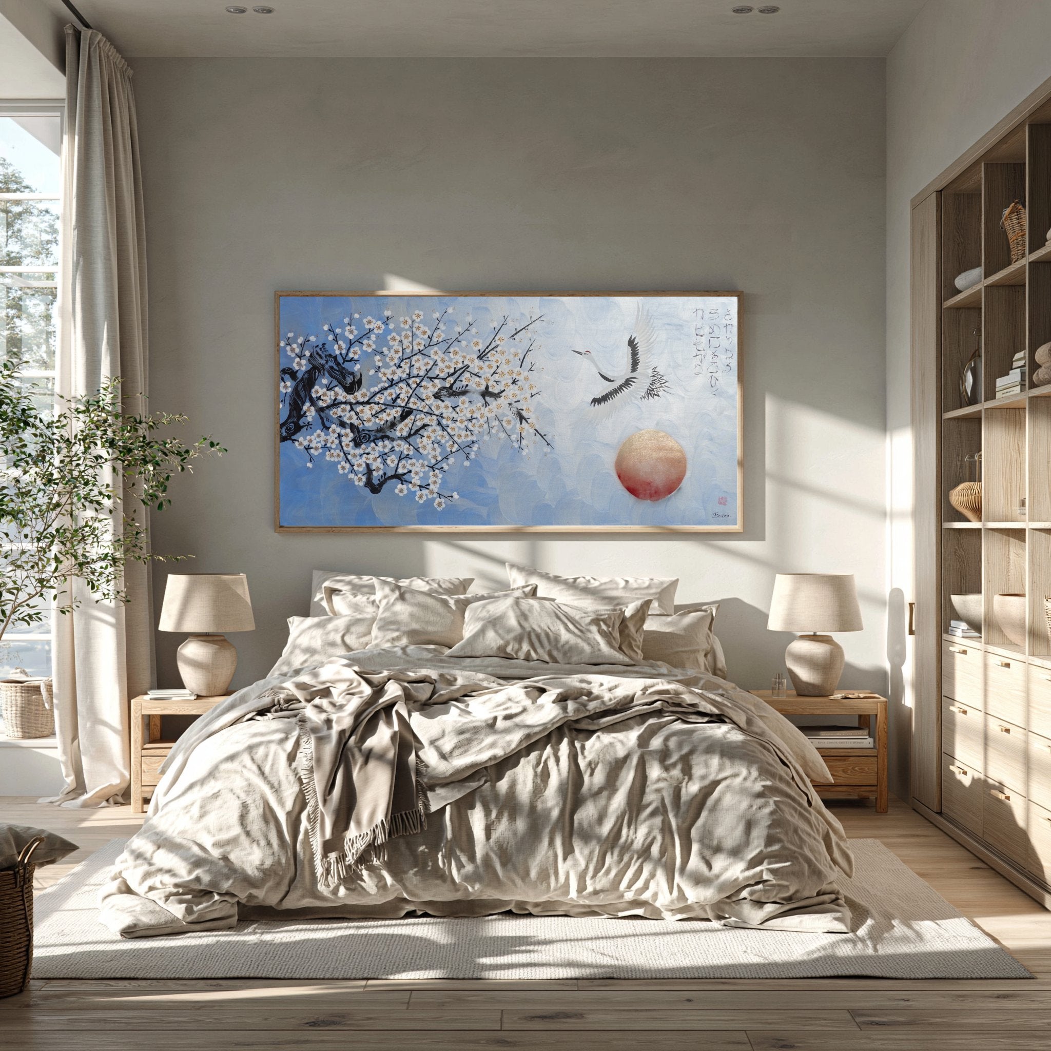 Crane and sakura J496 — pearl blue Japanese Painting | Large Acrylic on Canvas | Ksavera