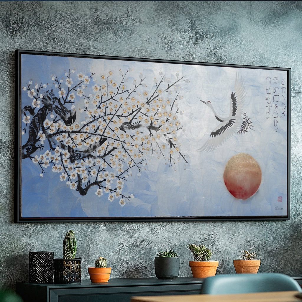 Crane and sakura J496 — pearl blue Japanese Painting | Large Acrylic on Canvas | Ksavera