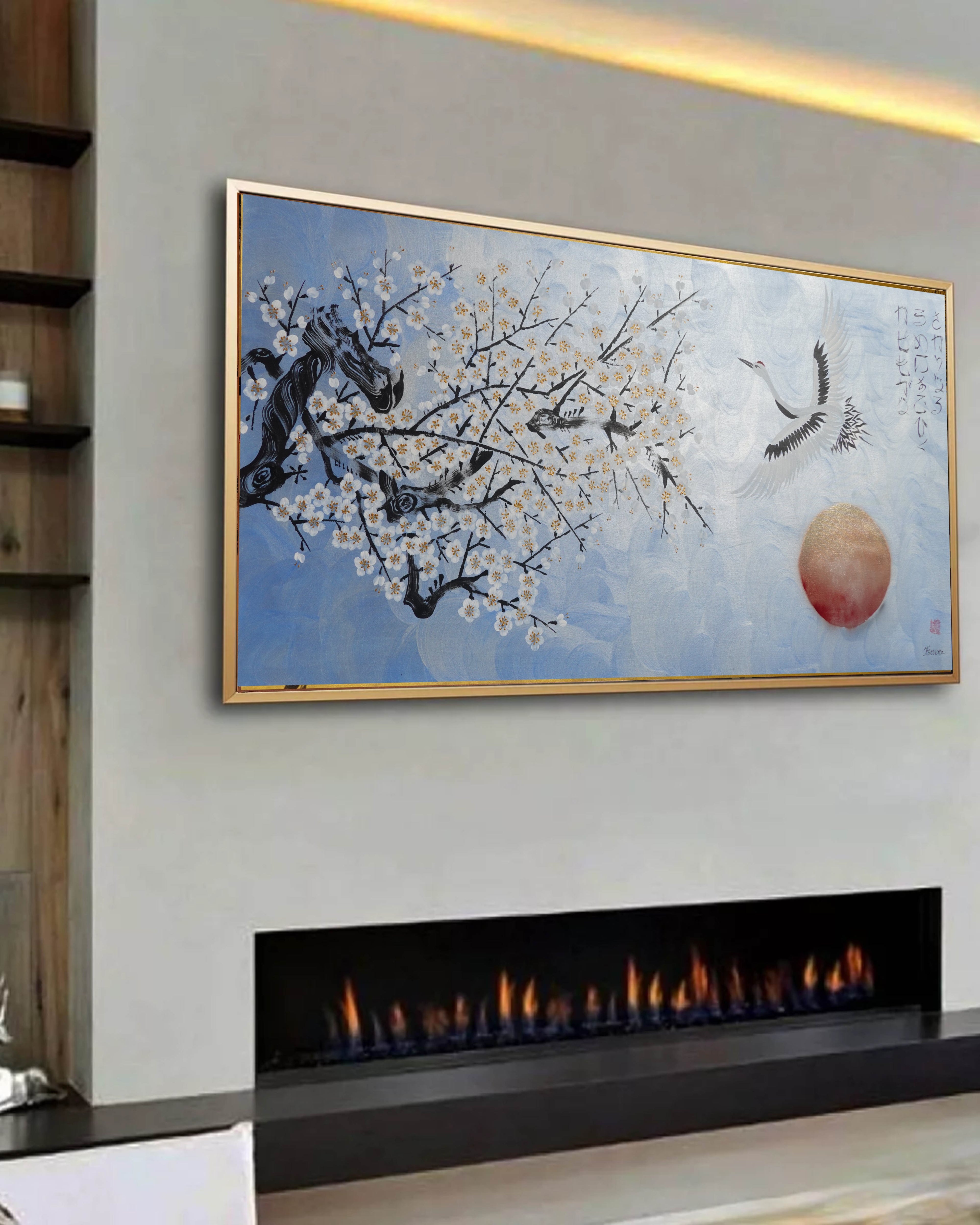Crane and sakura J496 — pearl blue Japanese Painting | Large Acrylic on Canvas | Ksavera