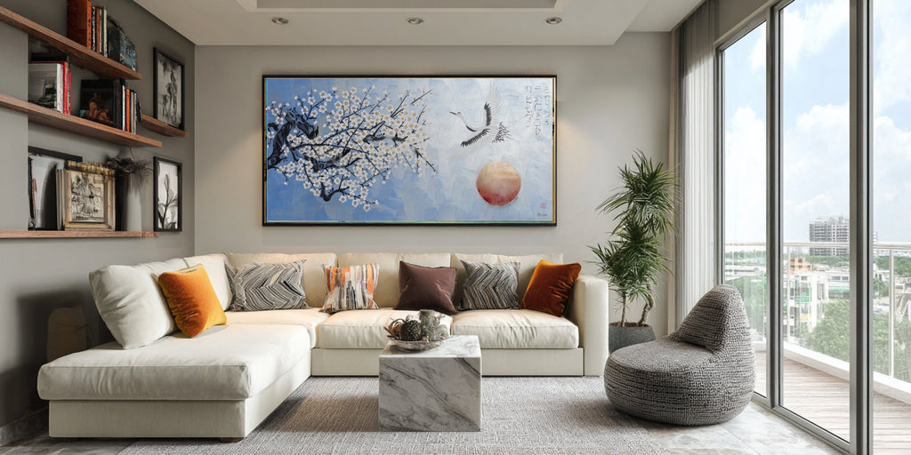 Crane and sakura J496 — pearl blue Japanese Painting | Large Acrylic on Canvas | Ksavera