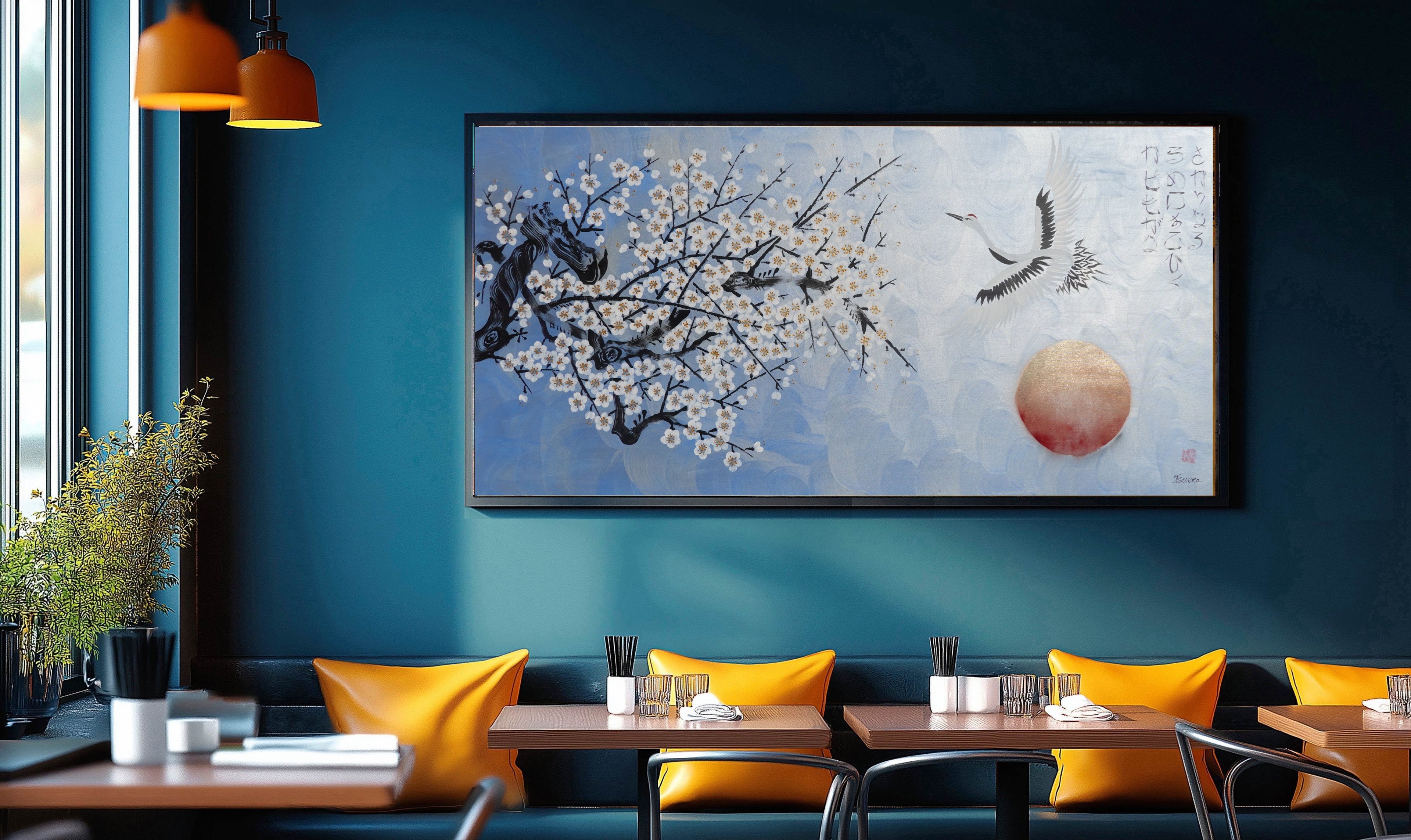 Crane and sakura J496 — pearl blue Japanese Painting | Large Acrylic on Canvas | Ksavera