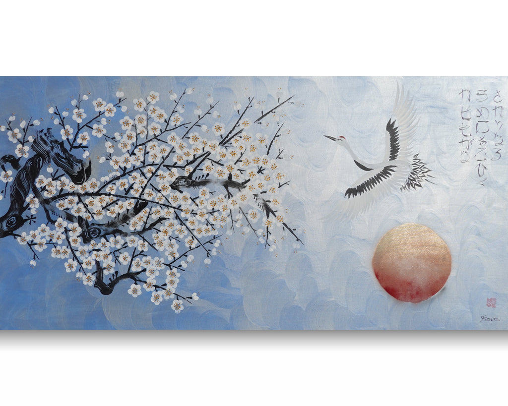 Crane and sakura J496 — pearl blue Japanese Painting | Large Acrylic on Canvas | Ksavera