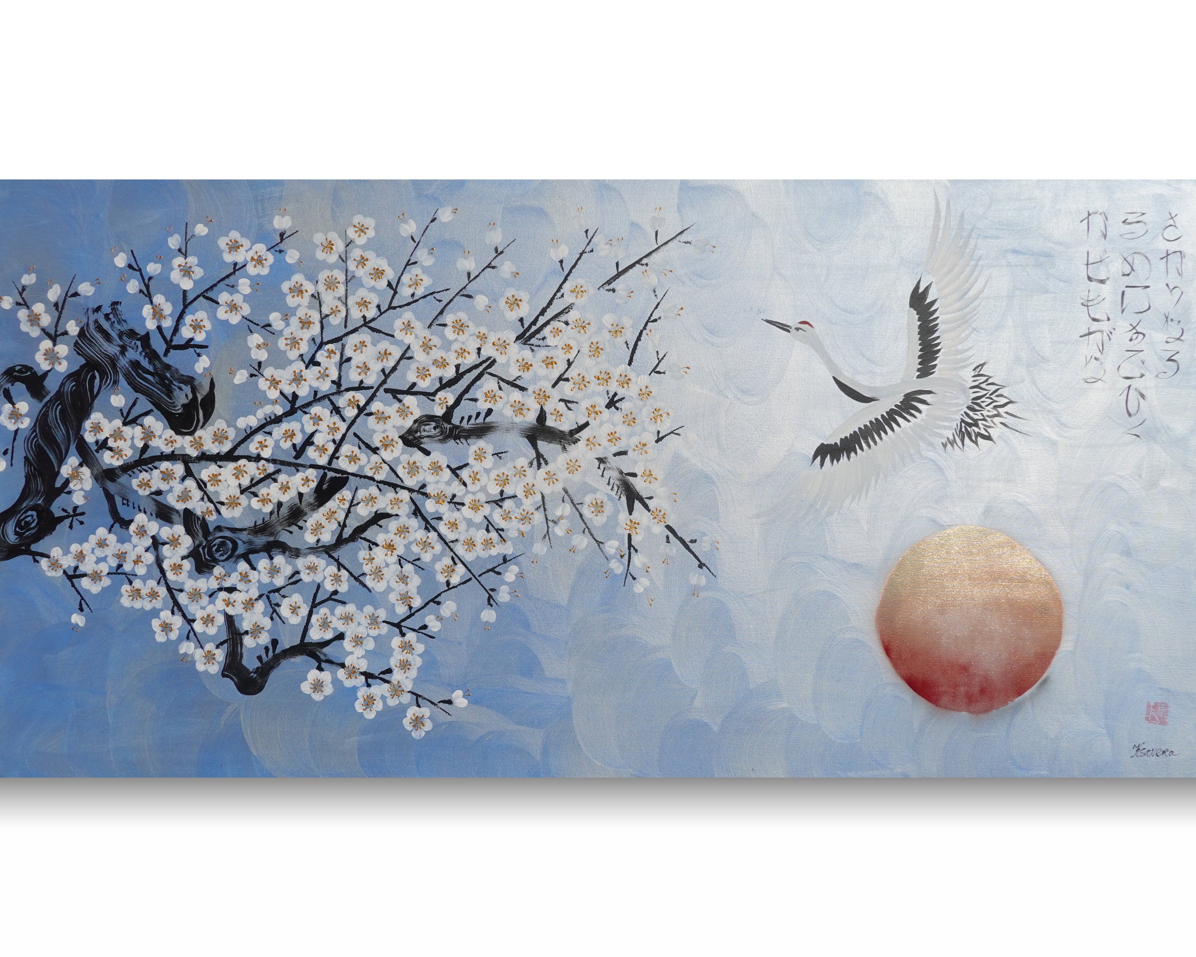 Crane and sakura J496 — pearl blue Japanese Painting | Large Acrylic on Canvas | Ksavera