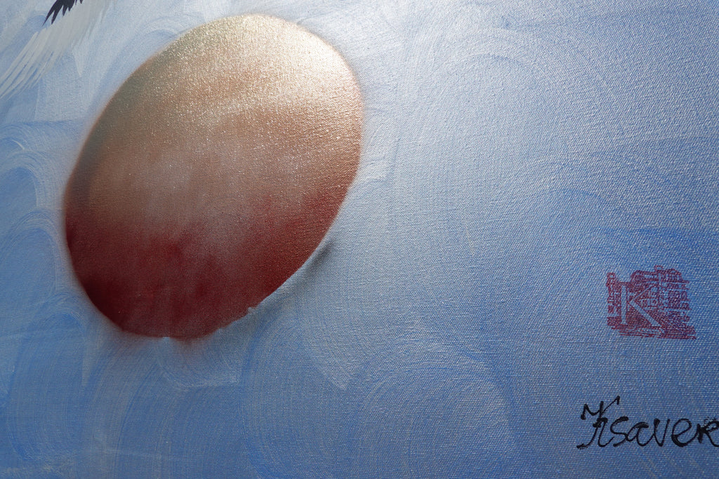 Crane and sakura J496 — pearl blue Japanese Painting | Large Acrylic on Canvas | Ksavera