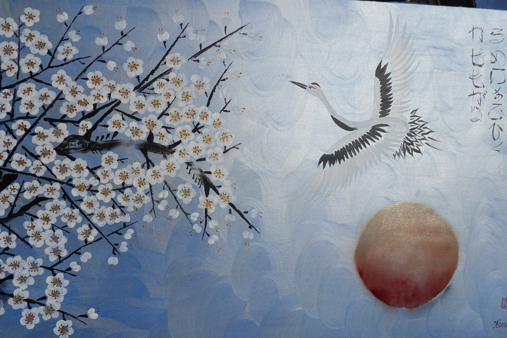 Crane and sakura J496 — pearl blue Japanese Painting | Large Acrylic on Canvas | Ksavera