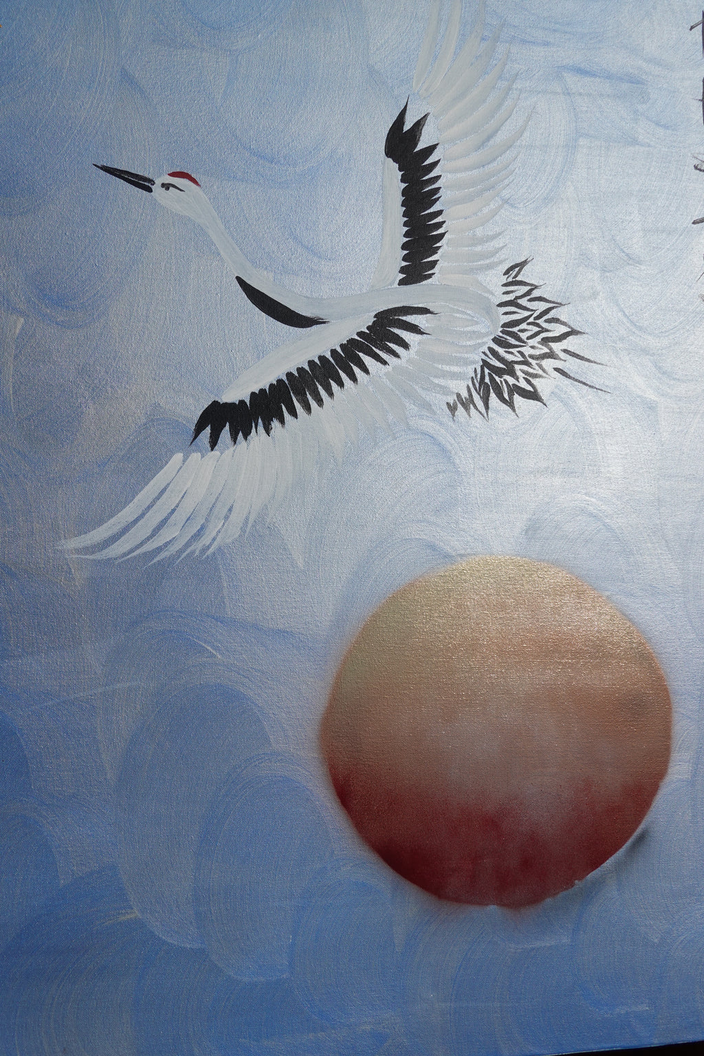 Crane and sakura J496 — pearl blue Japanese Painting | Large Acrylic on Canvas | Ksavera