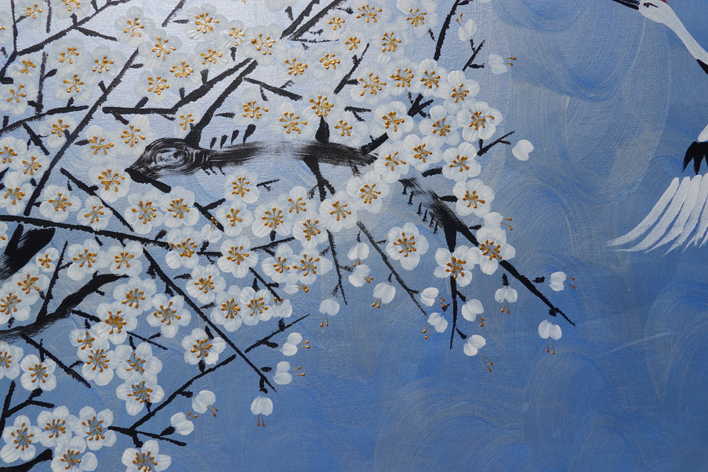 Crane and sakura J496 — pearl blue Japanese Painting | Large Acrylic on Canvas | Ksavera