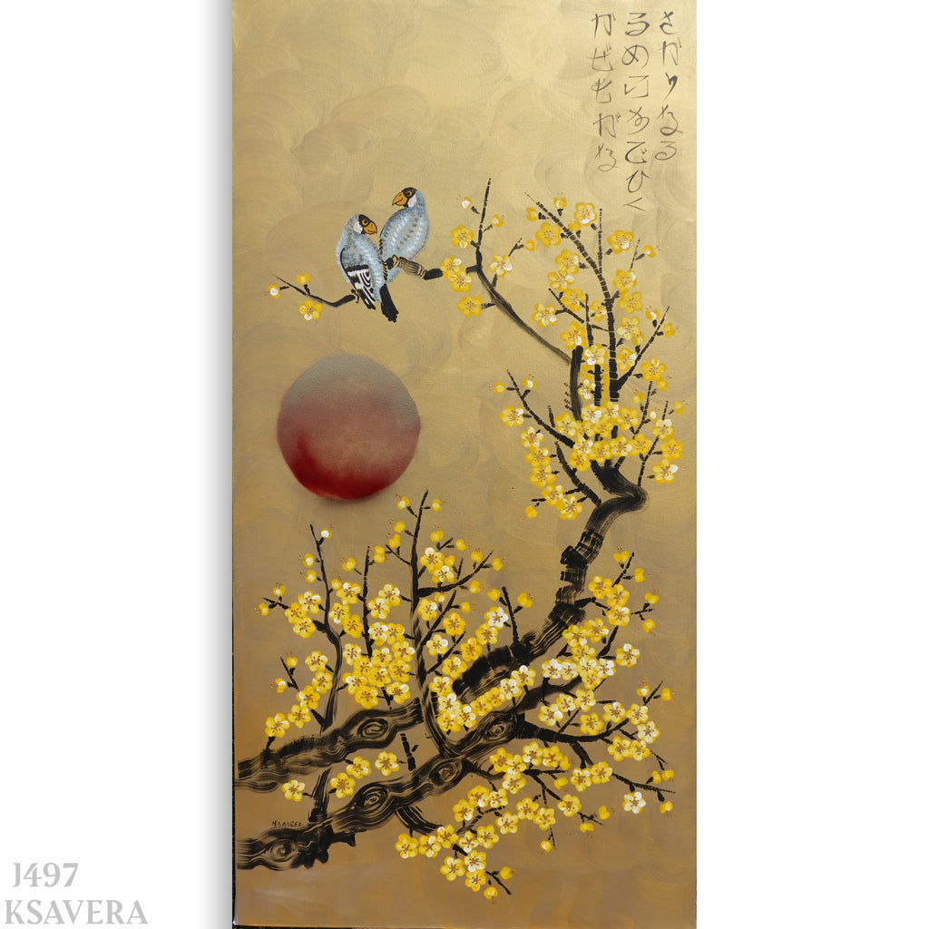 The image is a painting featuring two birds perched on branches with yellow flowers, and a large red sun in the background.