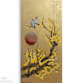 The image is a painting featuring two birds perched on branches with yellow flowers, and a large red sun in the background.