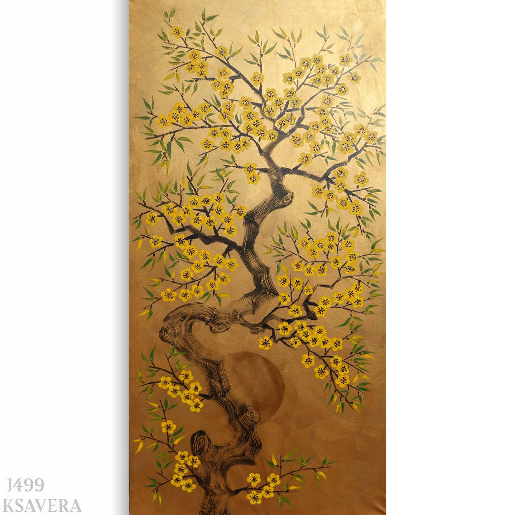 The image is a painting of a tree with yellow flowers, featuring a curved trunk and branches with green leaves.
