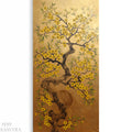 The image is a painting of a tree with yellow flowers, featuring a curved trunk and branches with green leaves.