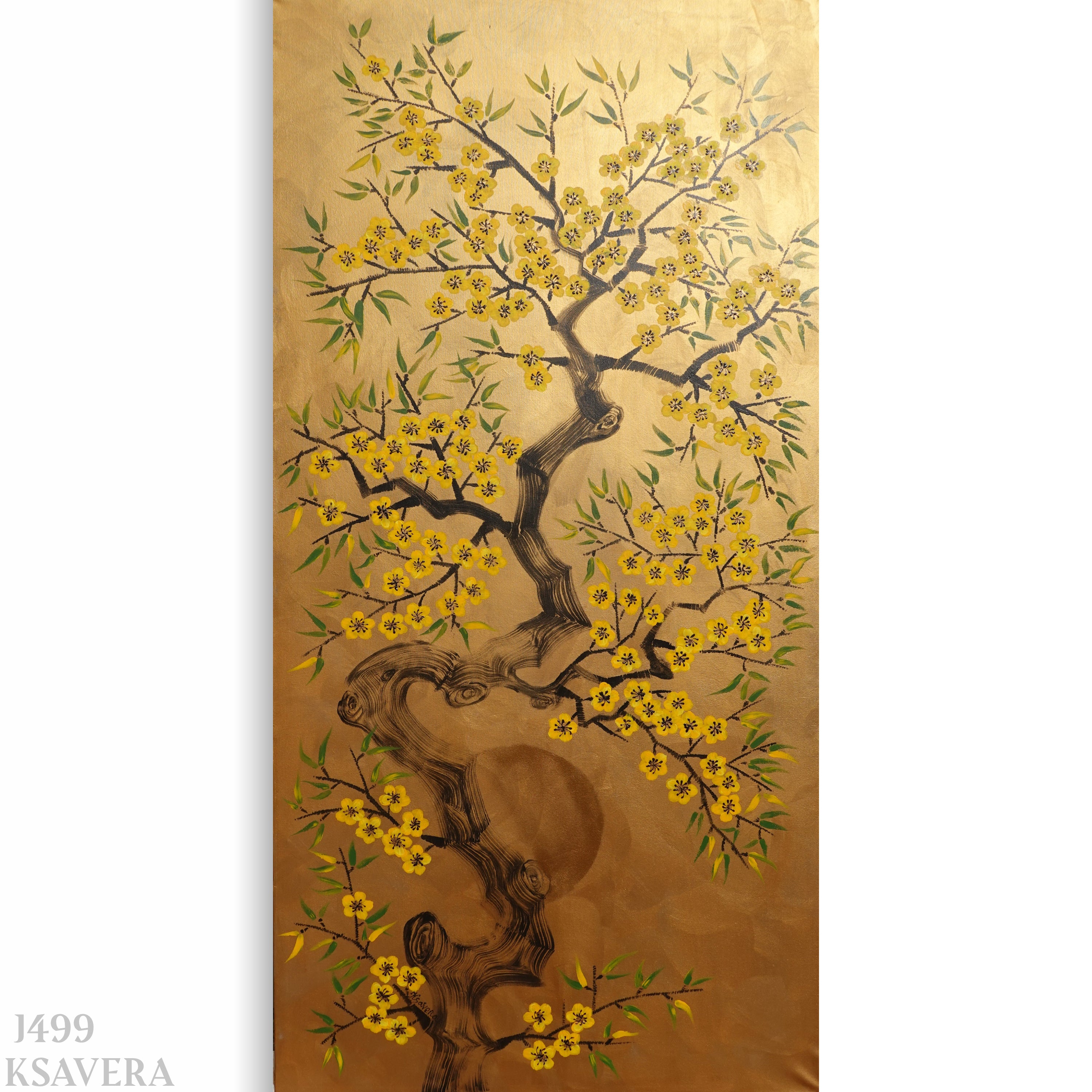 The image is a painting of a tree with yellow flowers, featuring a curved trunk and branches with green leaves.