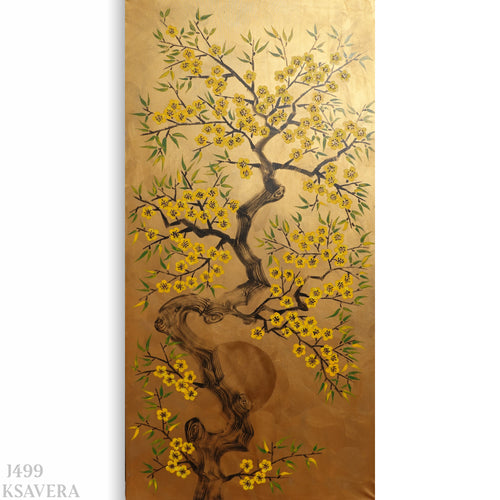 The image is a painting of a tree with yellow flowers, featuring a curved trunk and branches with green leaves.