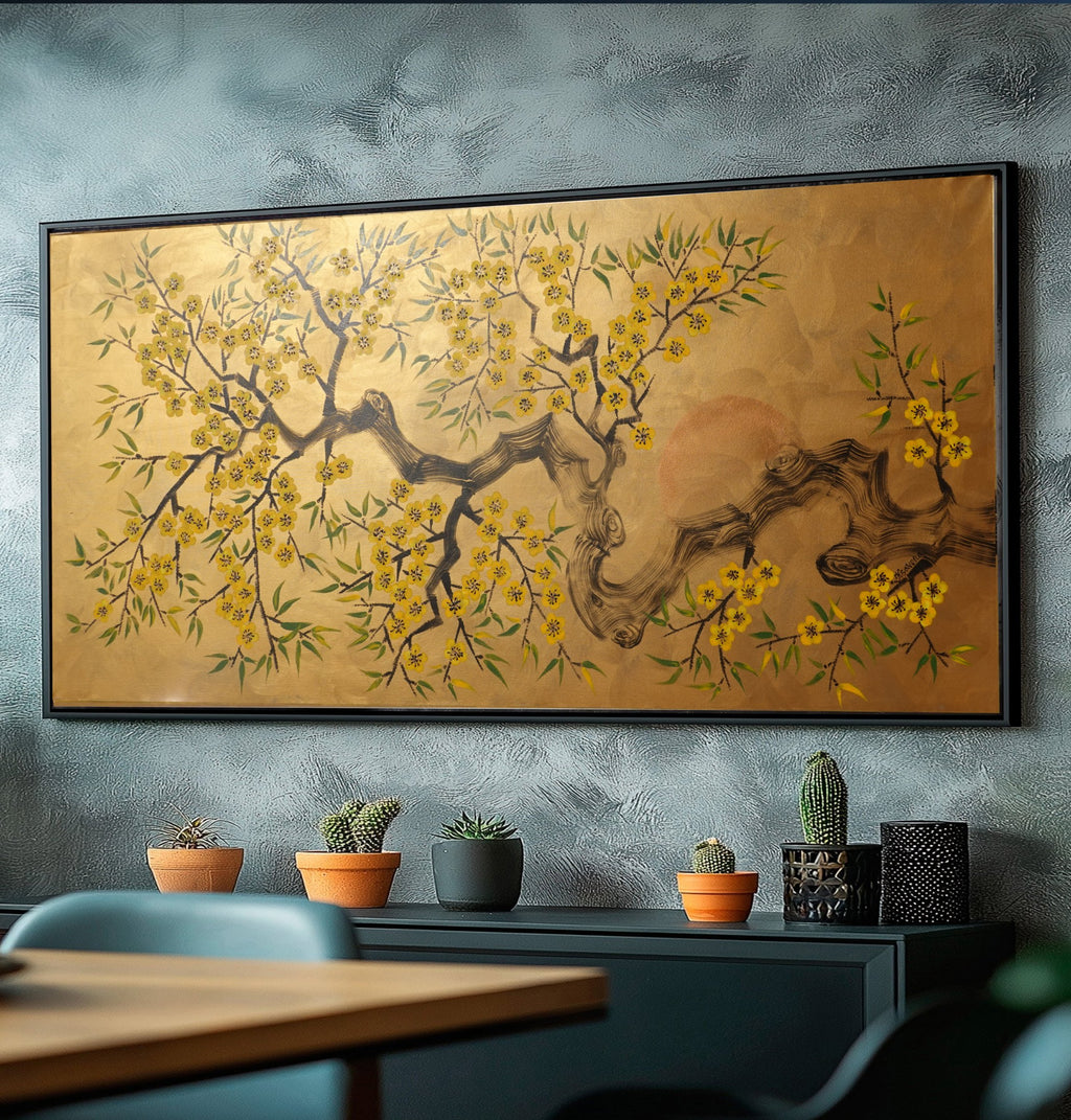 Cherry blossoms J499 — gold Japanese Painting | Large Acrylic on Canvas | Ksavera