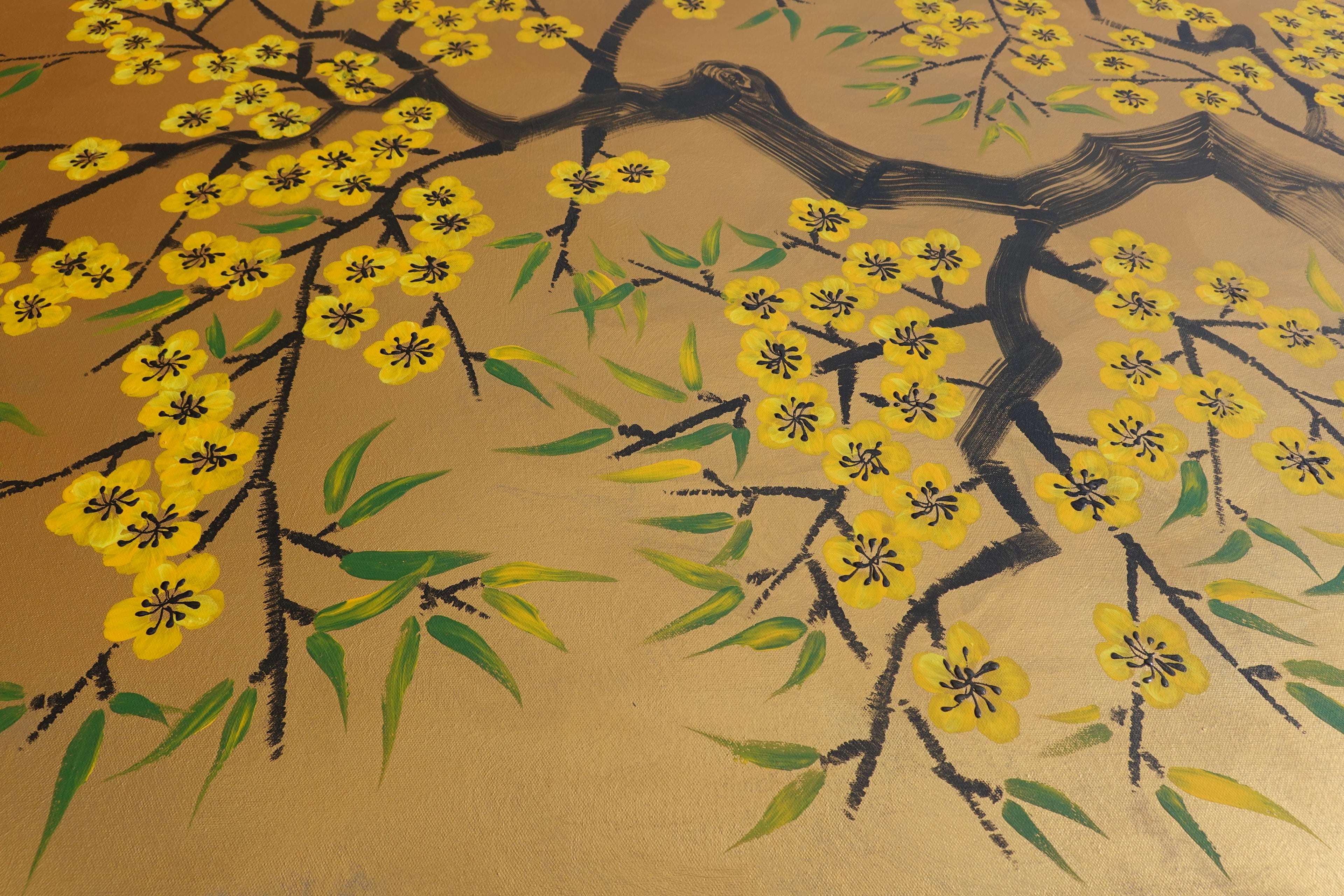Cherry blossoms J499 — gold Japanese Painting | Large Acrylic on Canvas | Ksavera