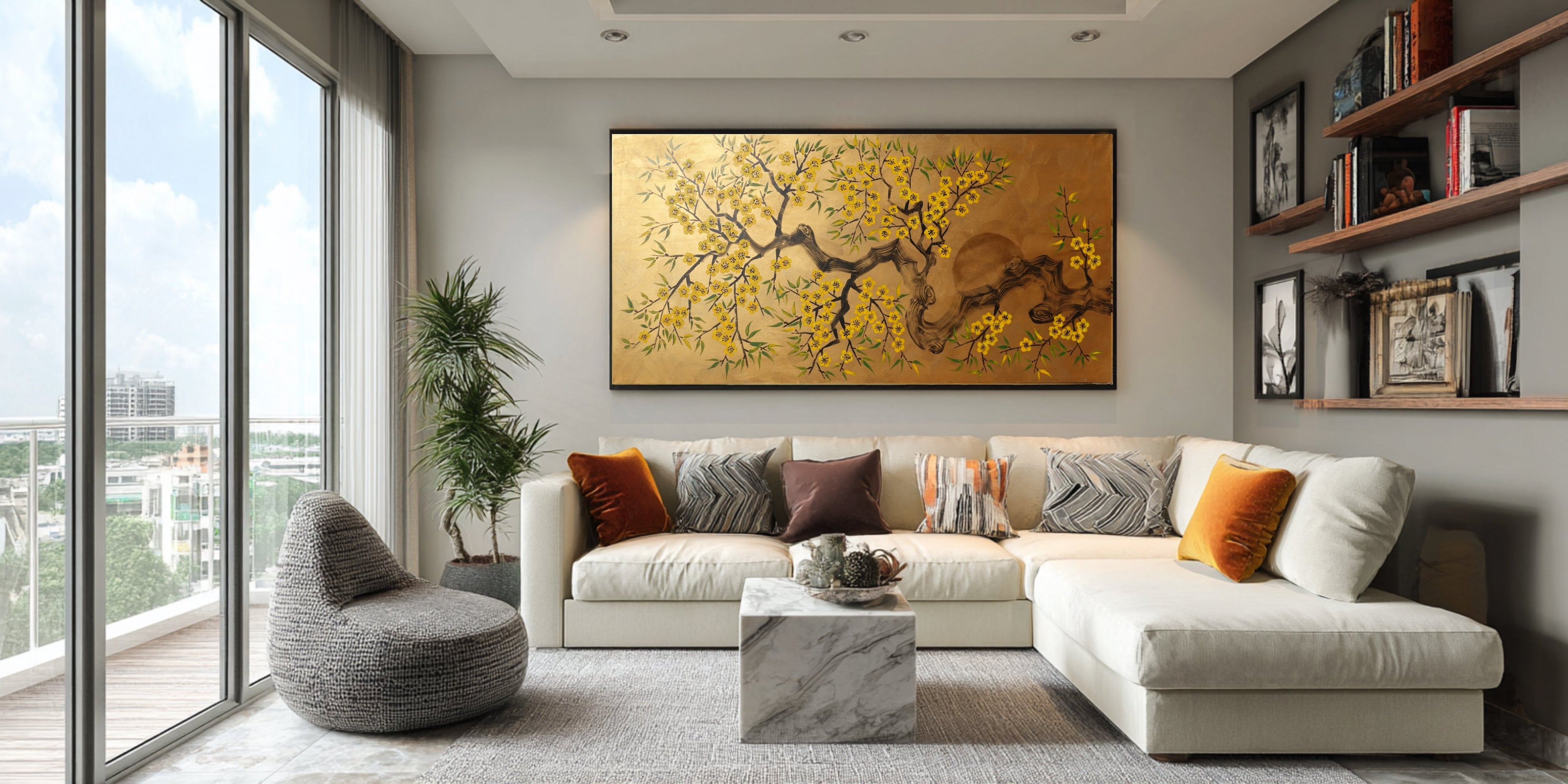 Cherry blossoms J499 — gold Japanese Painting | Large Acrylic on Canvas | Ksavera