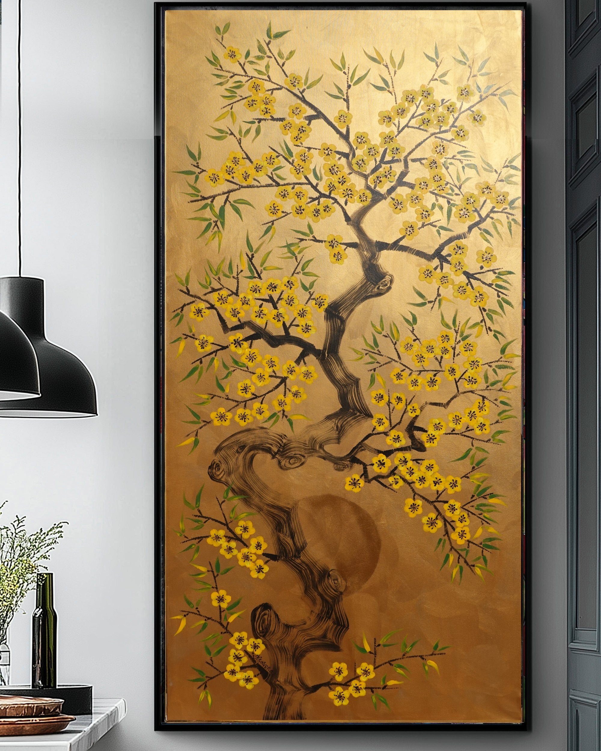 Cherry blossoms J499 — gold Japanese Painting | Large Acrylic on Canvas | Ksavera