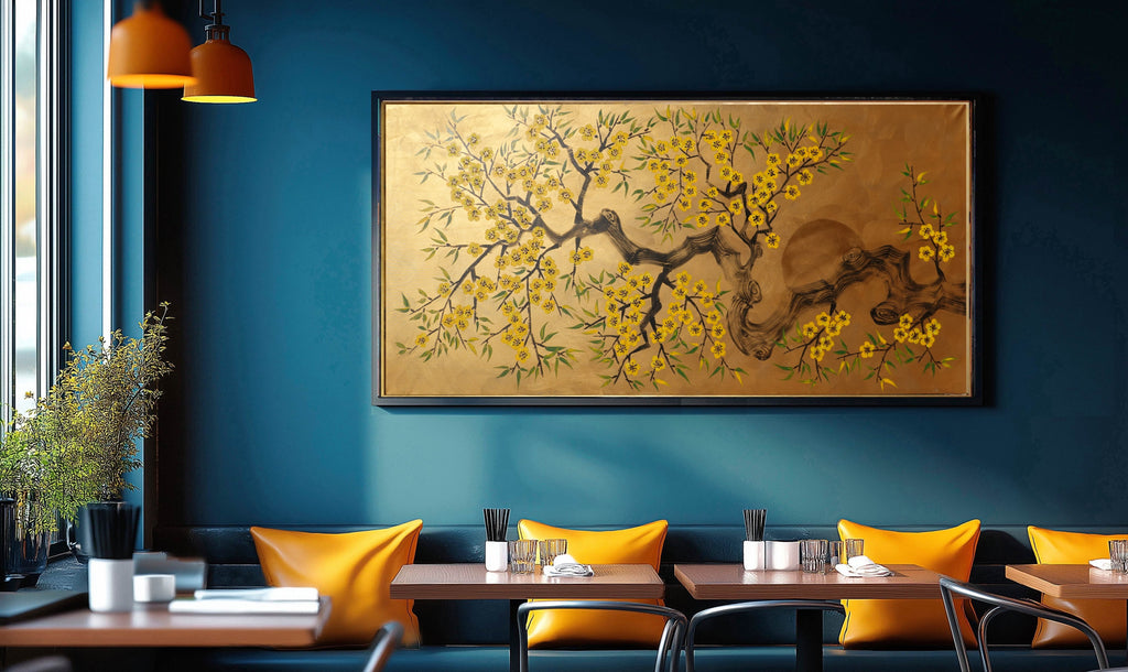 Cherry blossoms J499 — gold Japanese Painting | Large Acrylic on Canvas | Ksavera