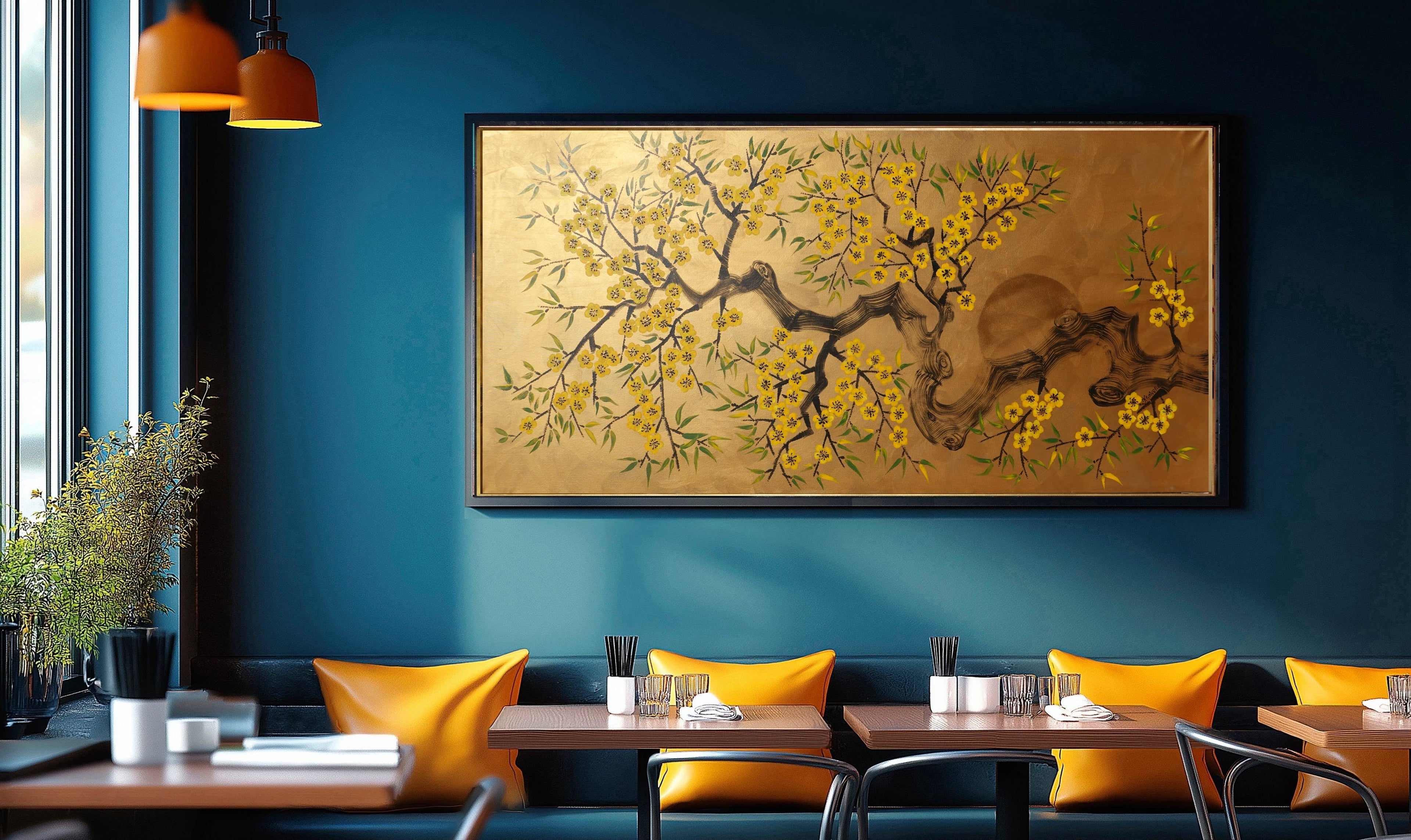 Cherry blossoms J499 — gold Japanese Painting | Large Acrylic on Canvas | Ksavera